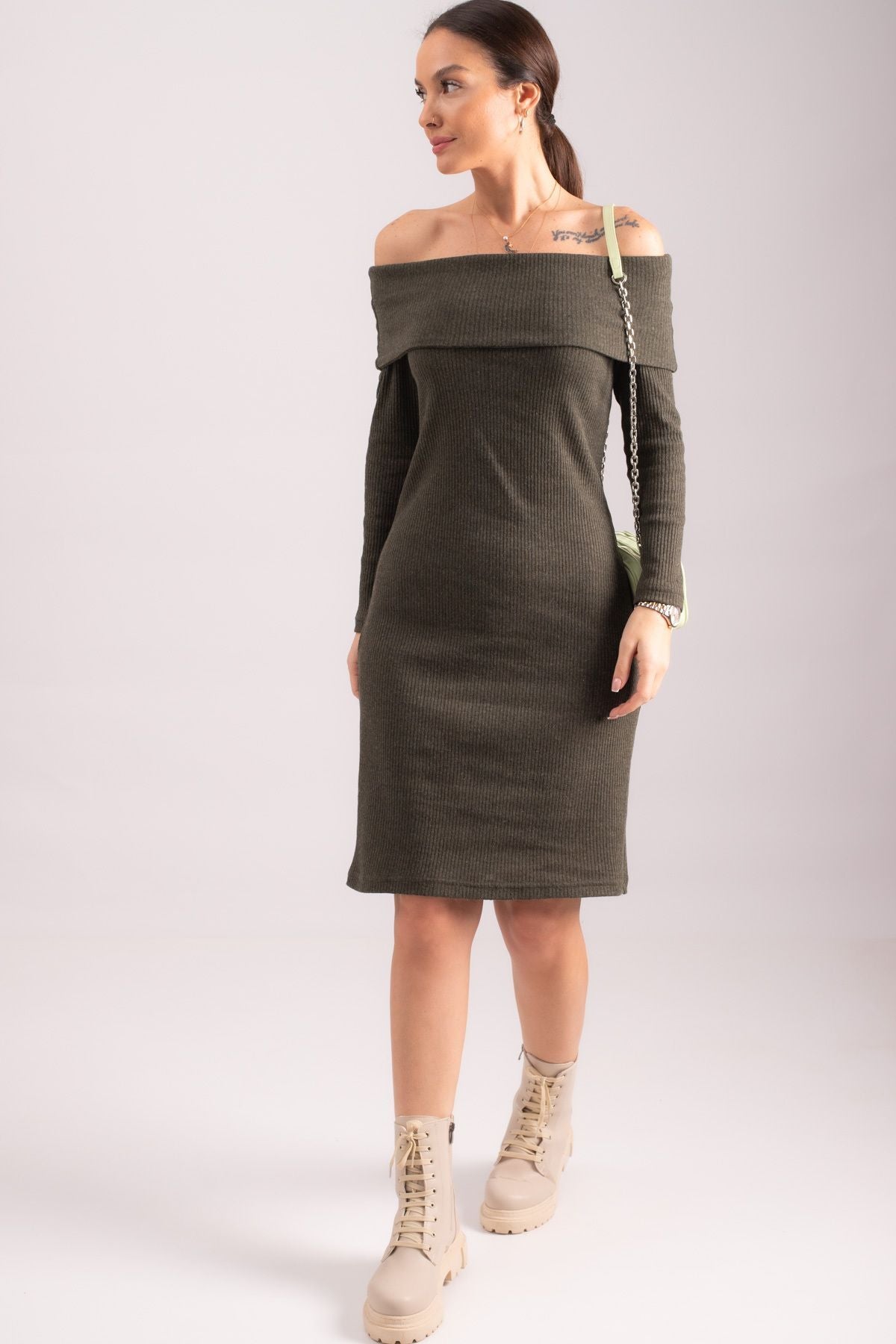 Women's Khaki Madonna Collar Fitted Ribbed Camisole Dress ARM-24K001070