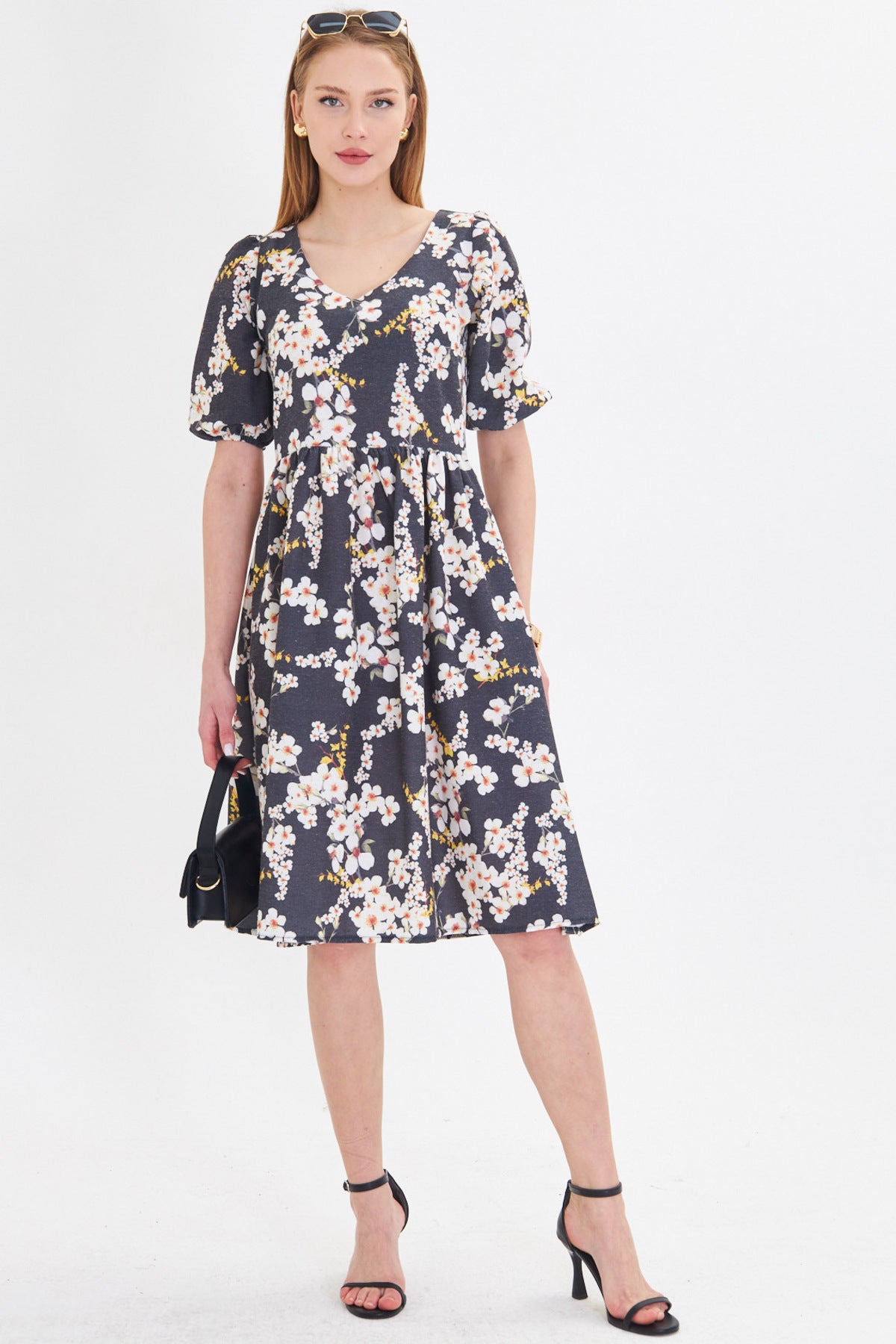 Women's Yellow U-Neck Sleeves Elastic Waist Gathered Midi Dress ARM-25Y001003