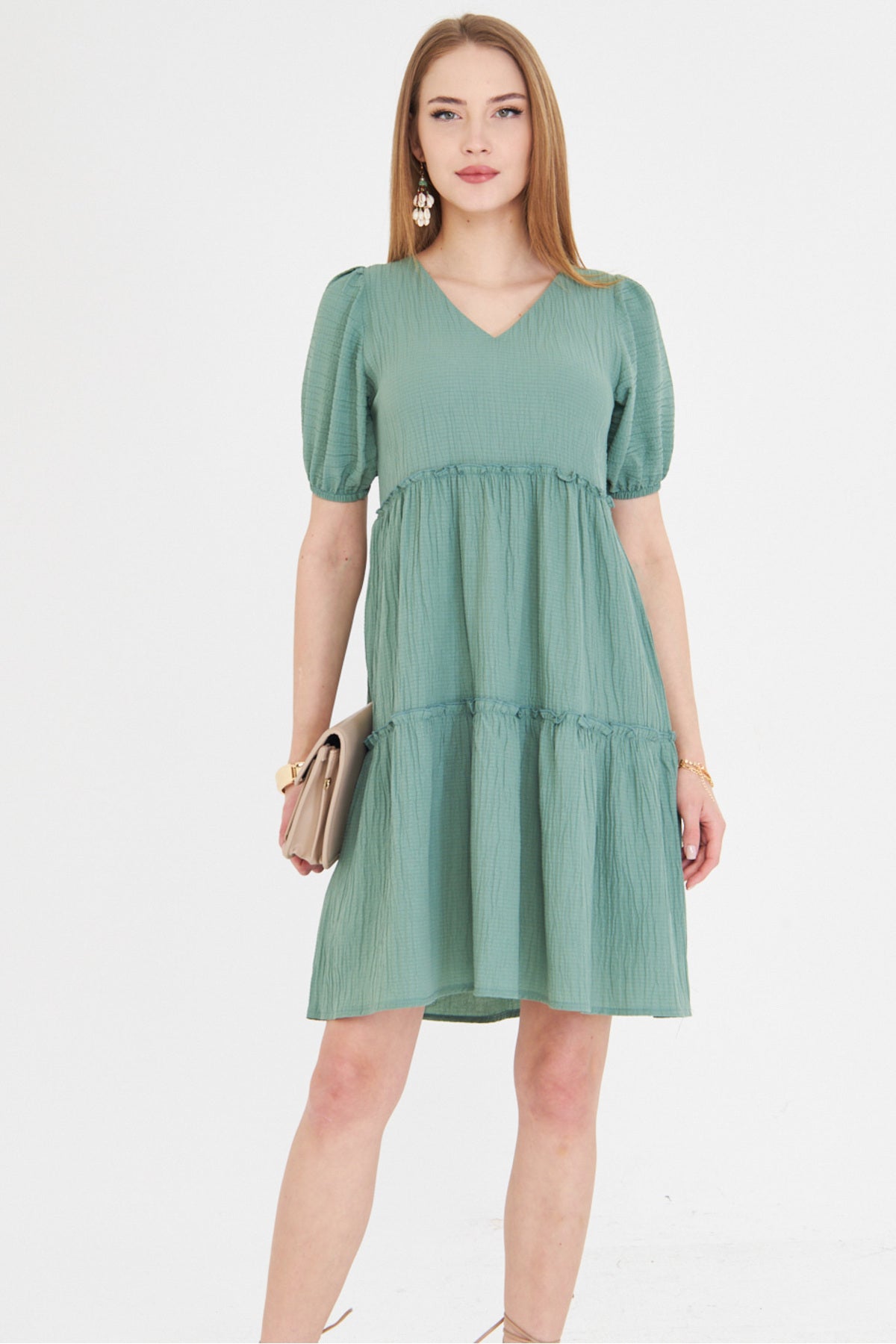 Women's Green V-Neck Short Sleeve Ruffle Dress ARM-25Y001049