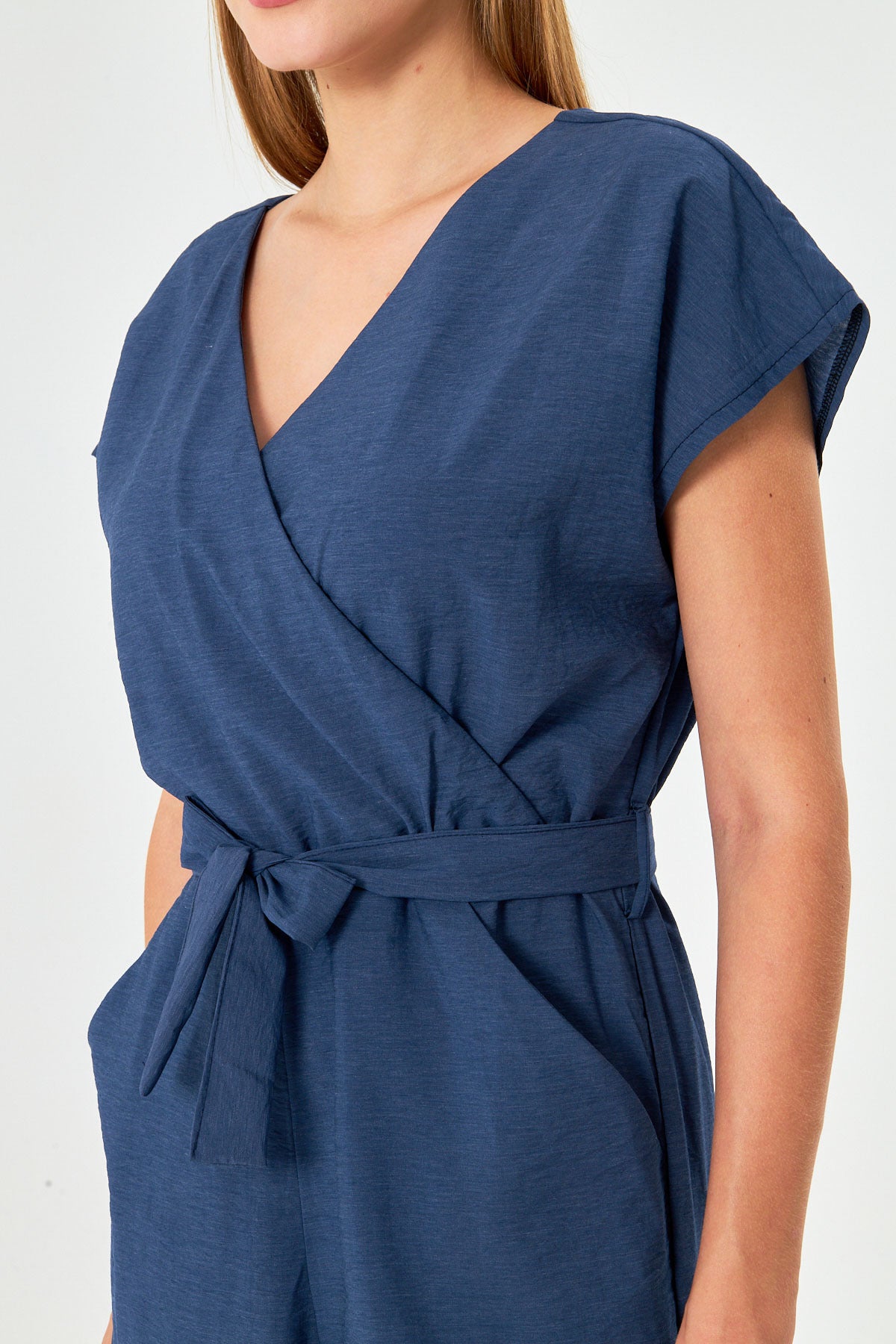 Women's Dark Blue Double Breasted Collar Back V Detailed Pocket Belted Wide Leg Jumpsuit ARM-24Y001073