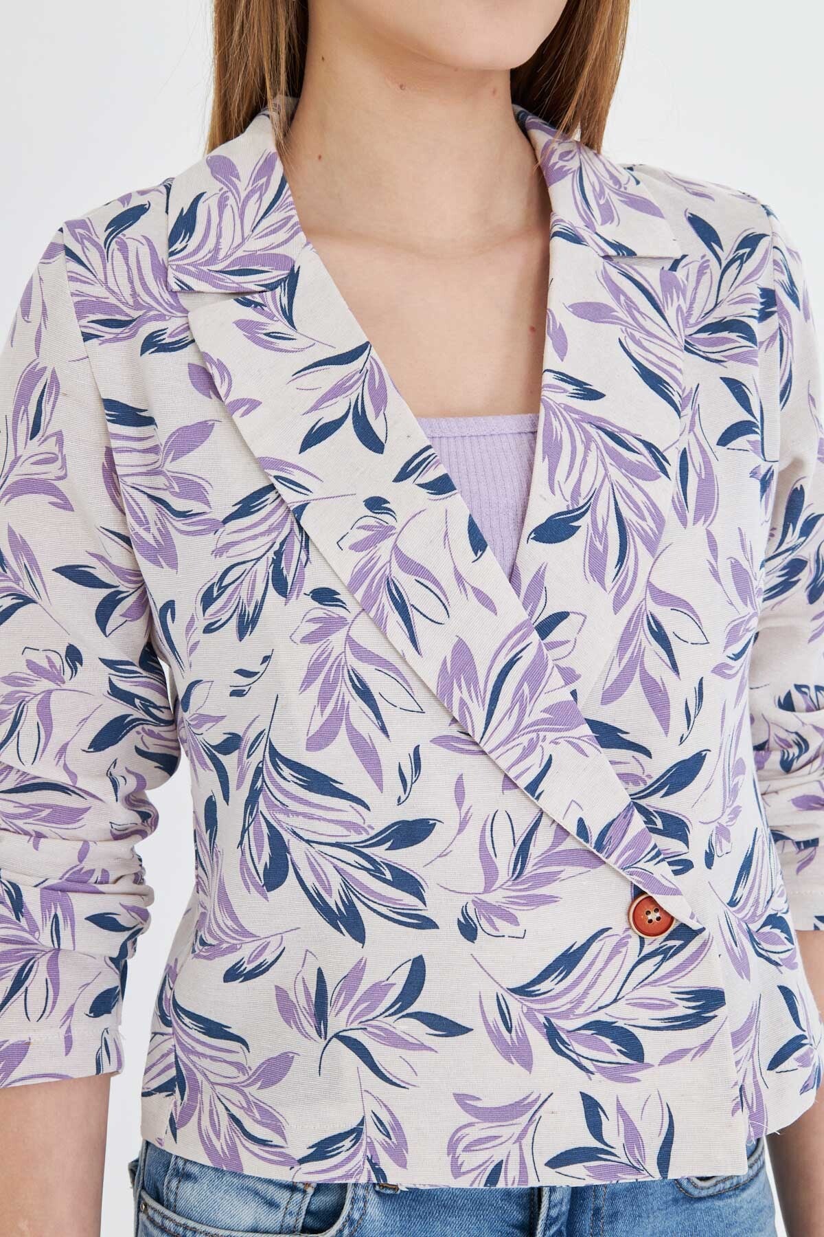 Women's Light Lilac Double Breasted Collar Patterned Crop Jacket ARM-24Y001058