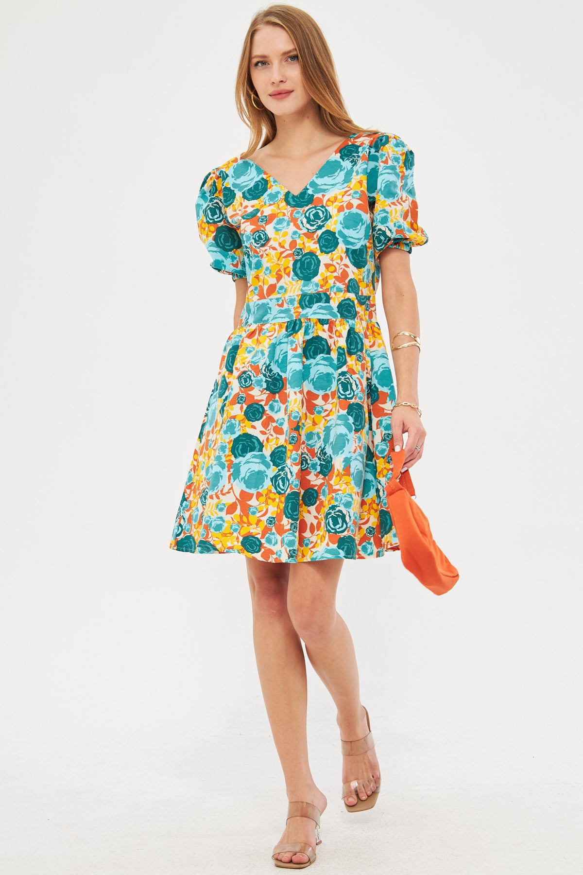 Women's Turquoise Front Back V-Neck Balloon Sleeve Belt Detailed Patterned Mini Dress ARM-24Y001016