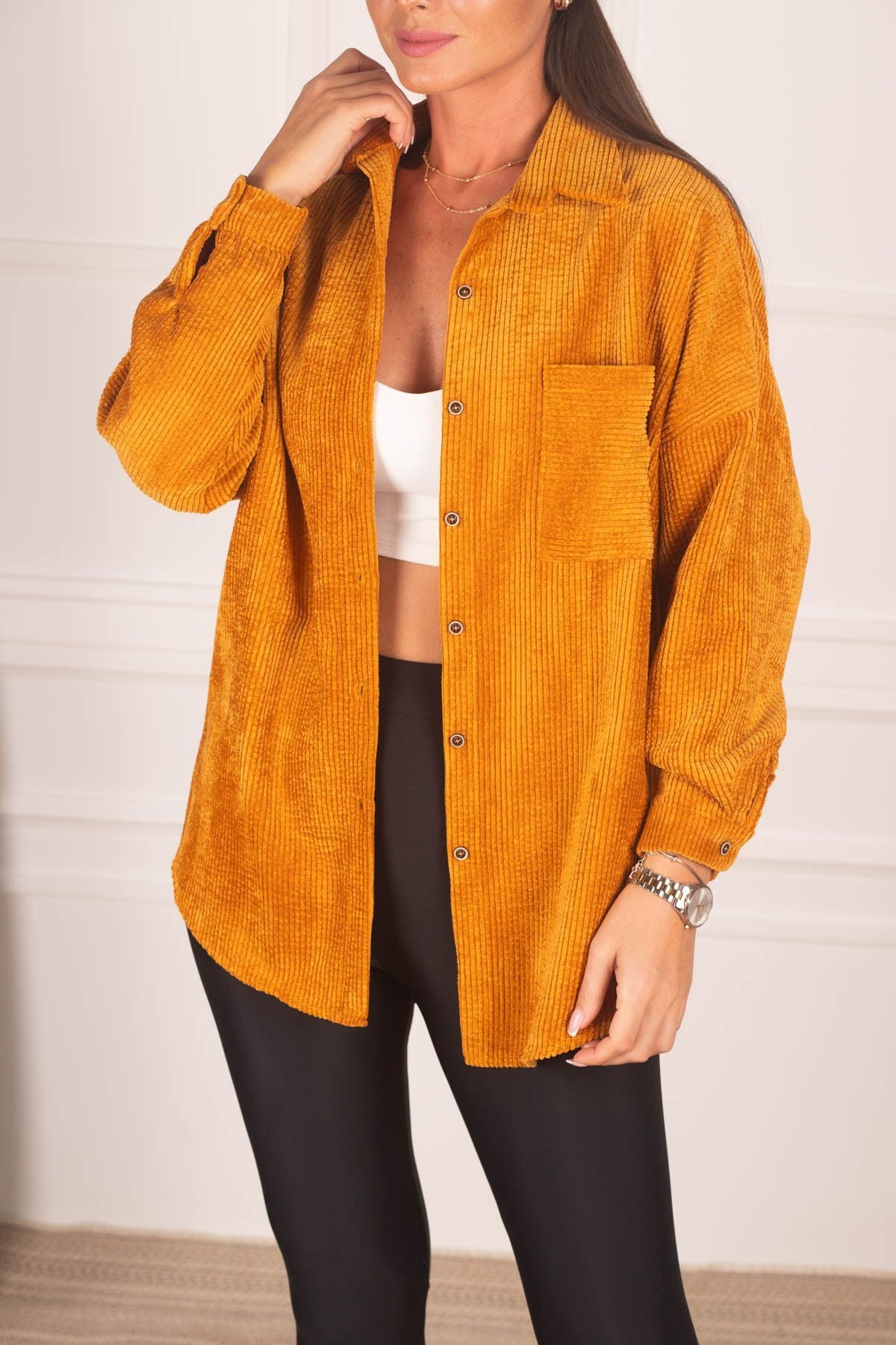 Women's Yellow Pocket Oversize Velvet Long Basic Shirt ARM-22Y001193