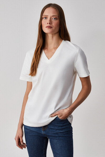 ALINE Women's 100% Organic Cotton Deep V-Neck Comfort Fit White T-Shirt