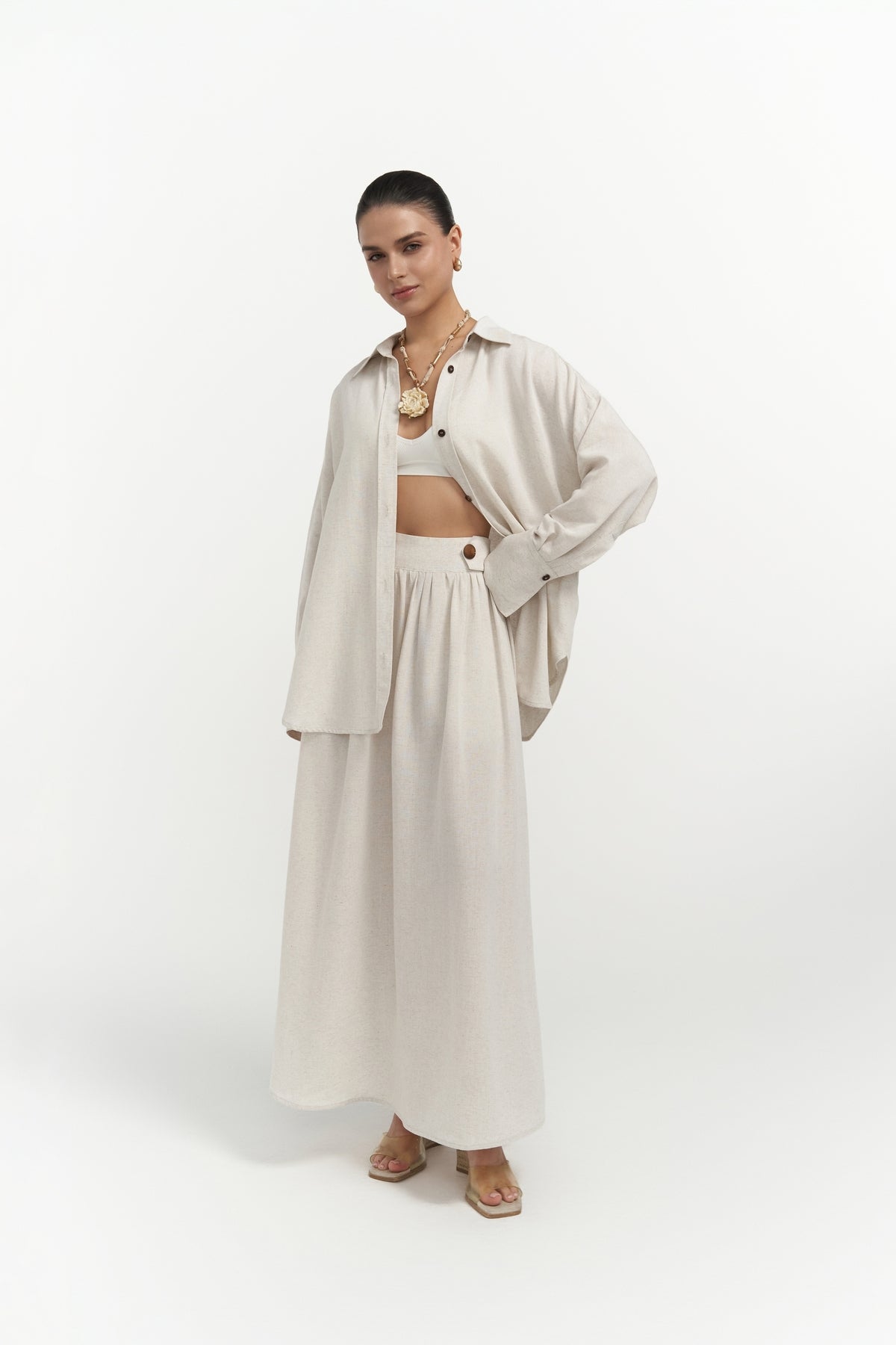 Ambra Beige Shirt Skirt Set