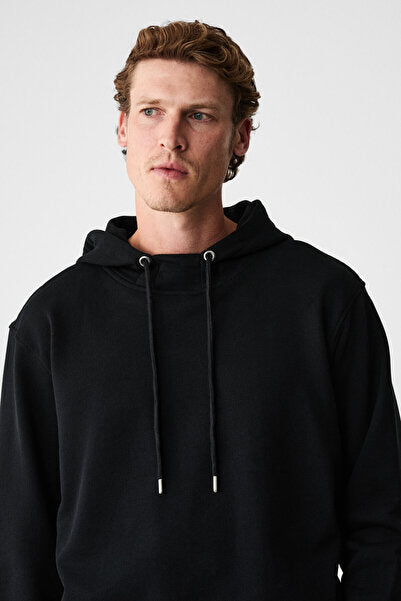 ALESSIO Men's 100% Cotton Hooded Cord Detailed Oversize Fit Black Sweatshirt