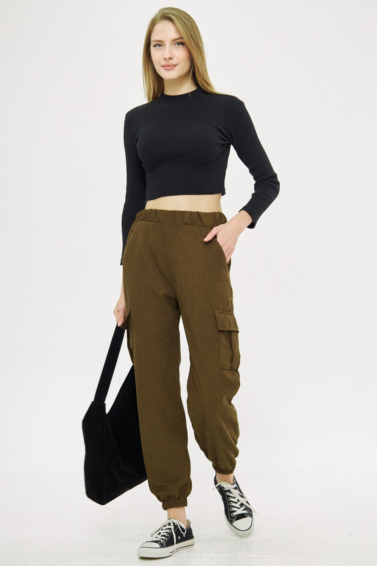 Women's Dark Khaki Velvet Slim Ribbed Cargo Pants with Elastic Waist and Legs ARM-25K001035