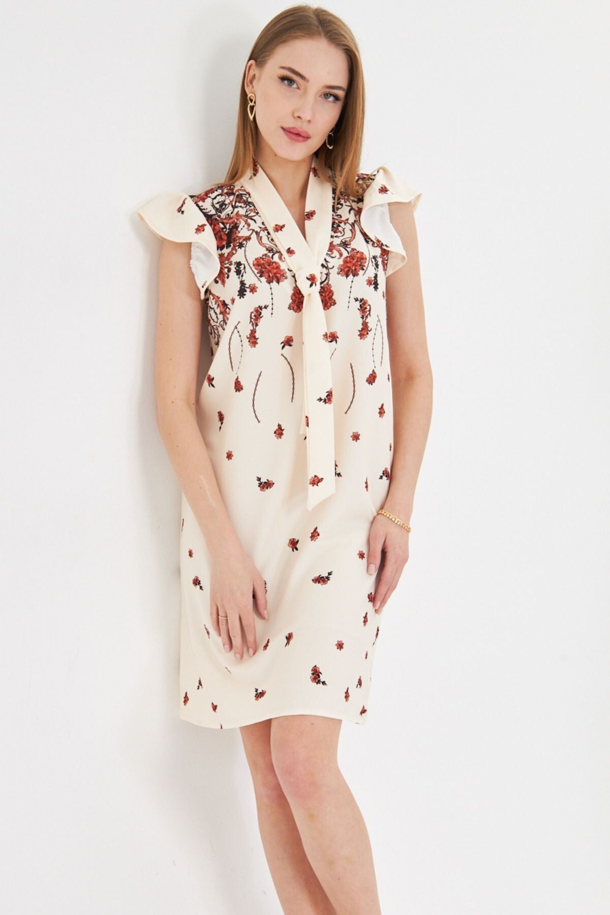 Women's Tile V-Neck Sleeves Frilly Tie Detailed Dress ARM-25Y001023