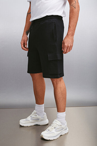 Lionel Men's Comfort Fit Black Shorts with Cargo Pocket and Elastic Waist