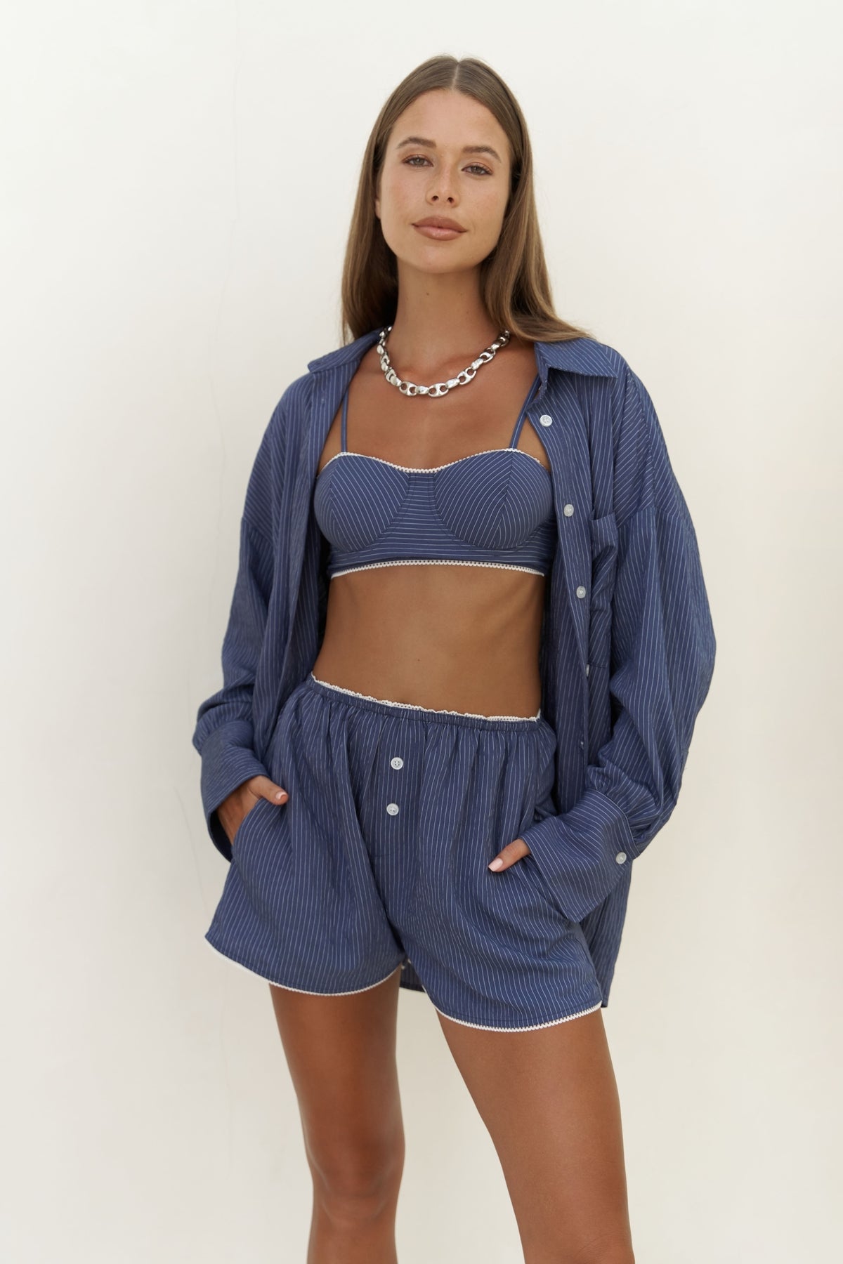 Leda Indigo Three Piece Set with Lace Detail Shorts