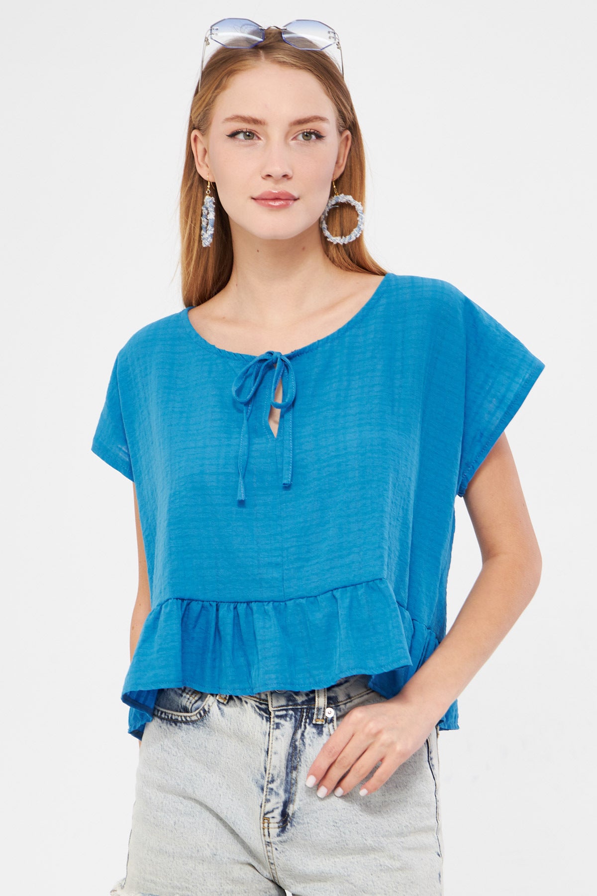 Women's Blue Bat Sleeve Collar Tie-Up Skirt Ruffled Oversize Crop Blouse ARM-24Y001088