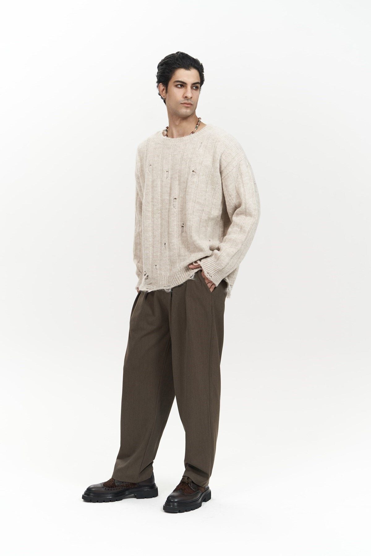 Vincent Ripped Detail Beige Men's Knitwear Sweater