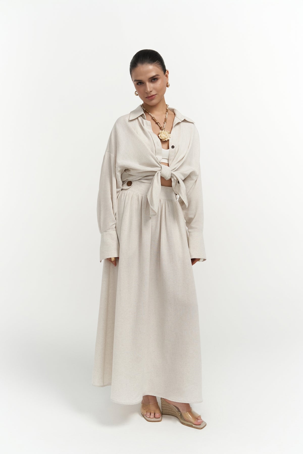 Ambra Beige Shirt Skirt Set