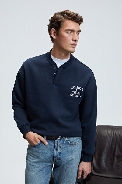 JETHRO Men's Bomber Collar Plaid Buttoned Chest Embroidered Relaxed Fit Navy Blue Sweatshirt