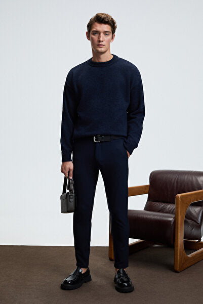 CRUDO Men's Regular Fit Woven Navy Blue Trousers with Side and Back Pockets and Zipper