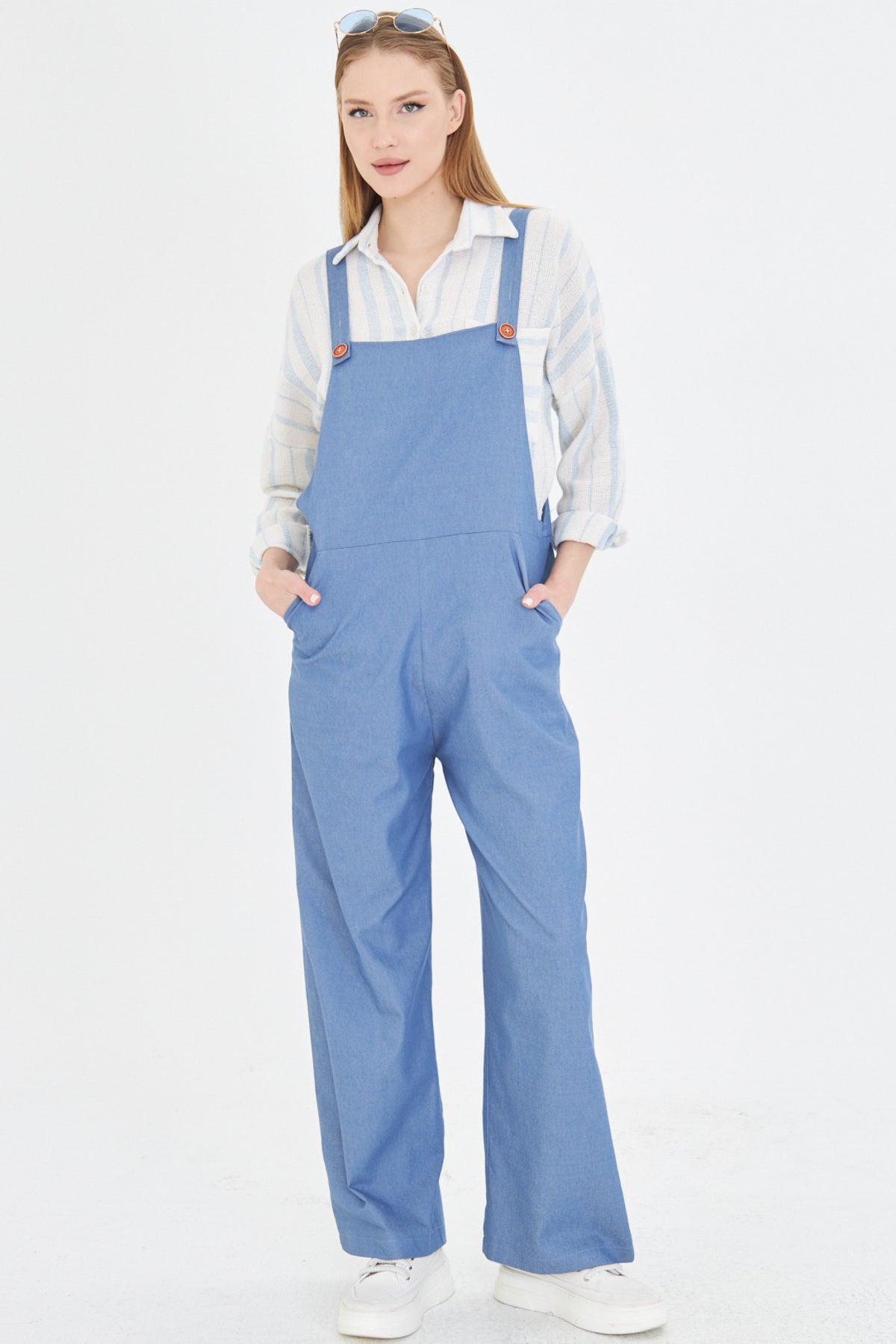 Women's Indigo Pocketed Wide Leg Gardener Jean Overalls ARM-25Y001037