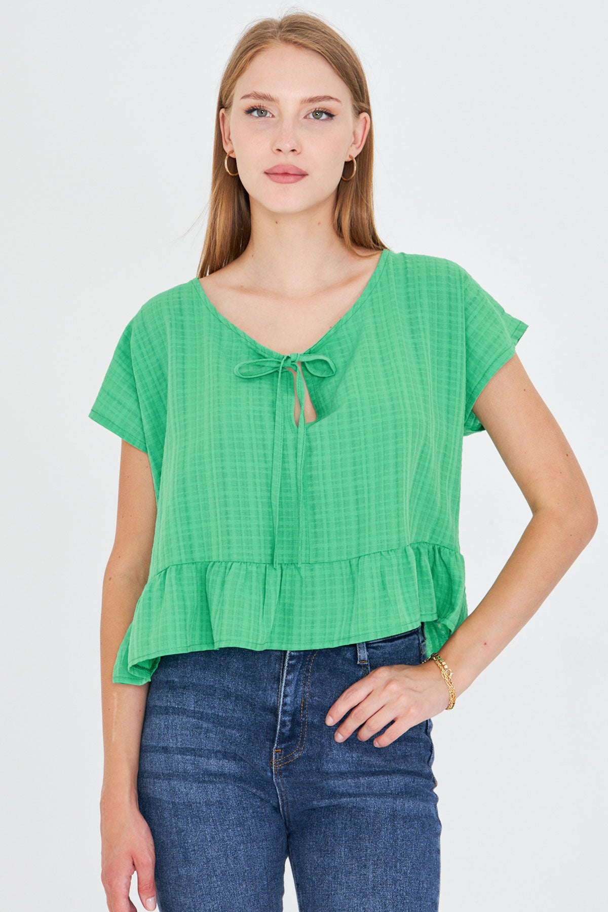 Women's Light Green Bat Sleeve Collar Tie-Up Skirt Ruffled Oversize Crop Blouse ARM-24Y001088