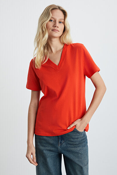 Aline Women's 100% Organic Cotton Deep V-Neck Comfort Fit Red T-shirt