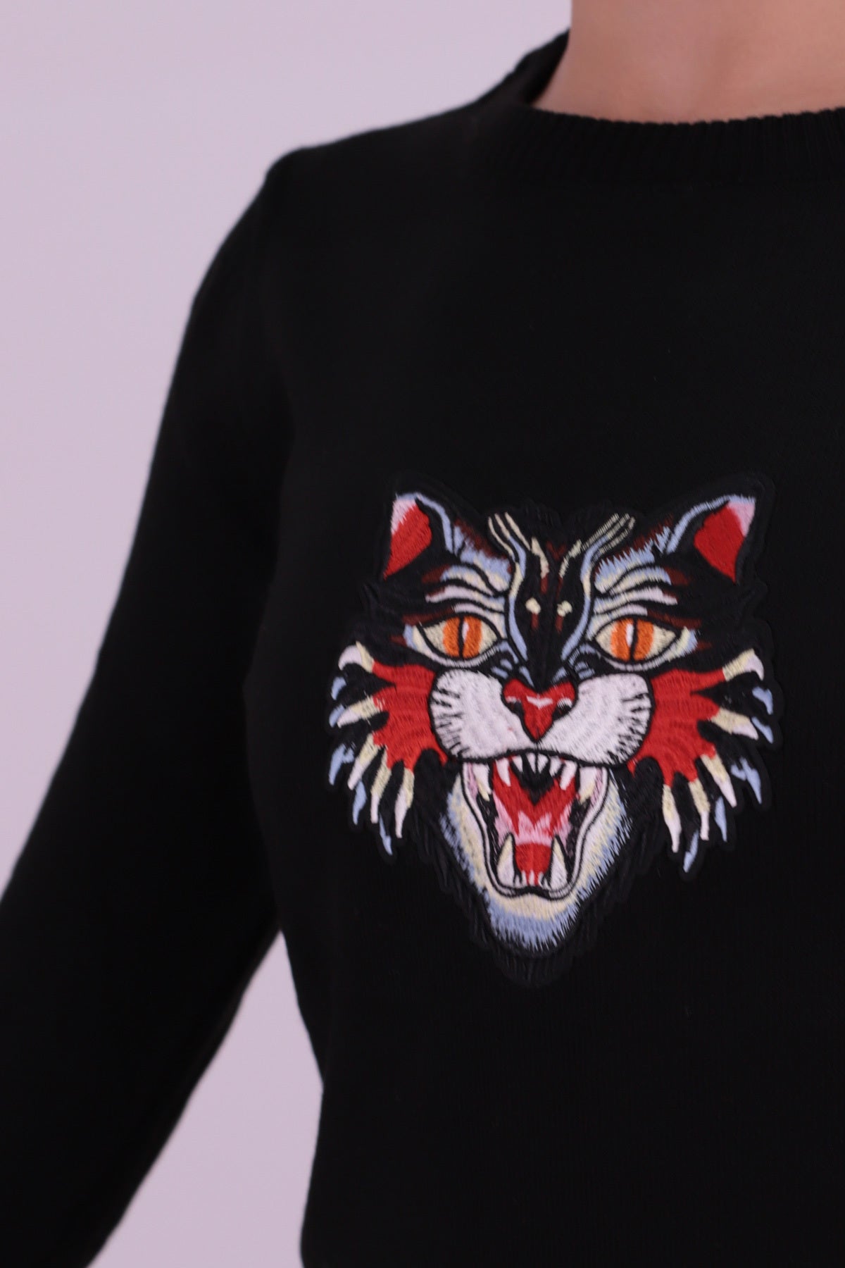 Women's Black Crew Neck Appliqued Sweater ARM-26K136002