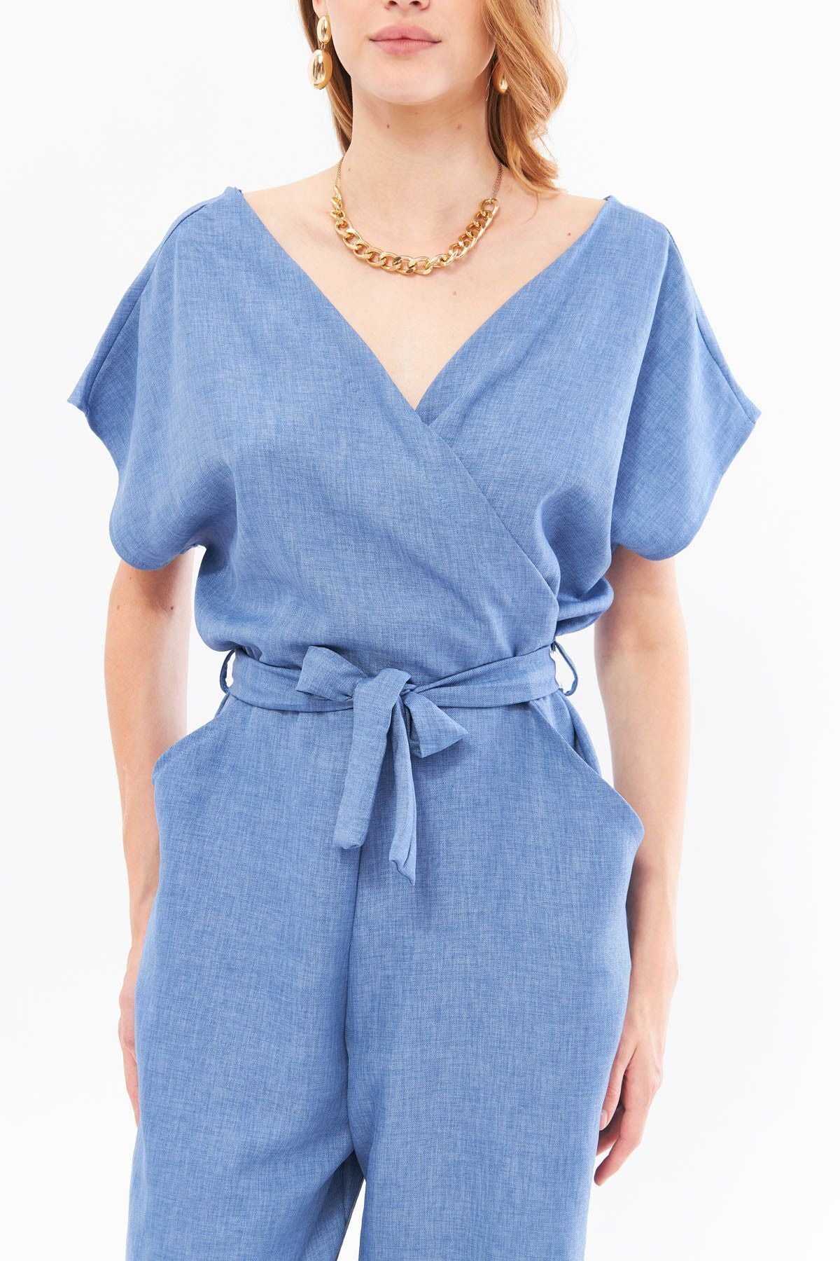 Women's Indigo Double Breasted Collar Back V Detailed Pocket Belted Wide Leg Jumpsuit ARM-24Y001073