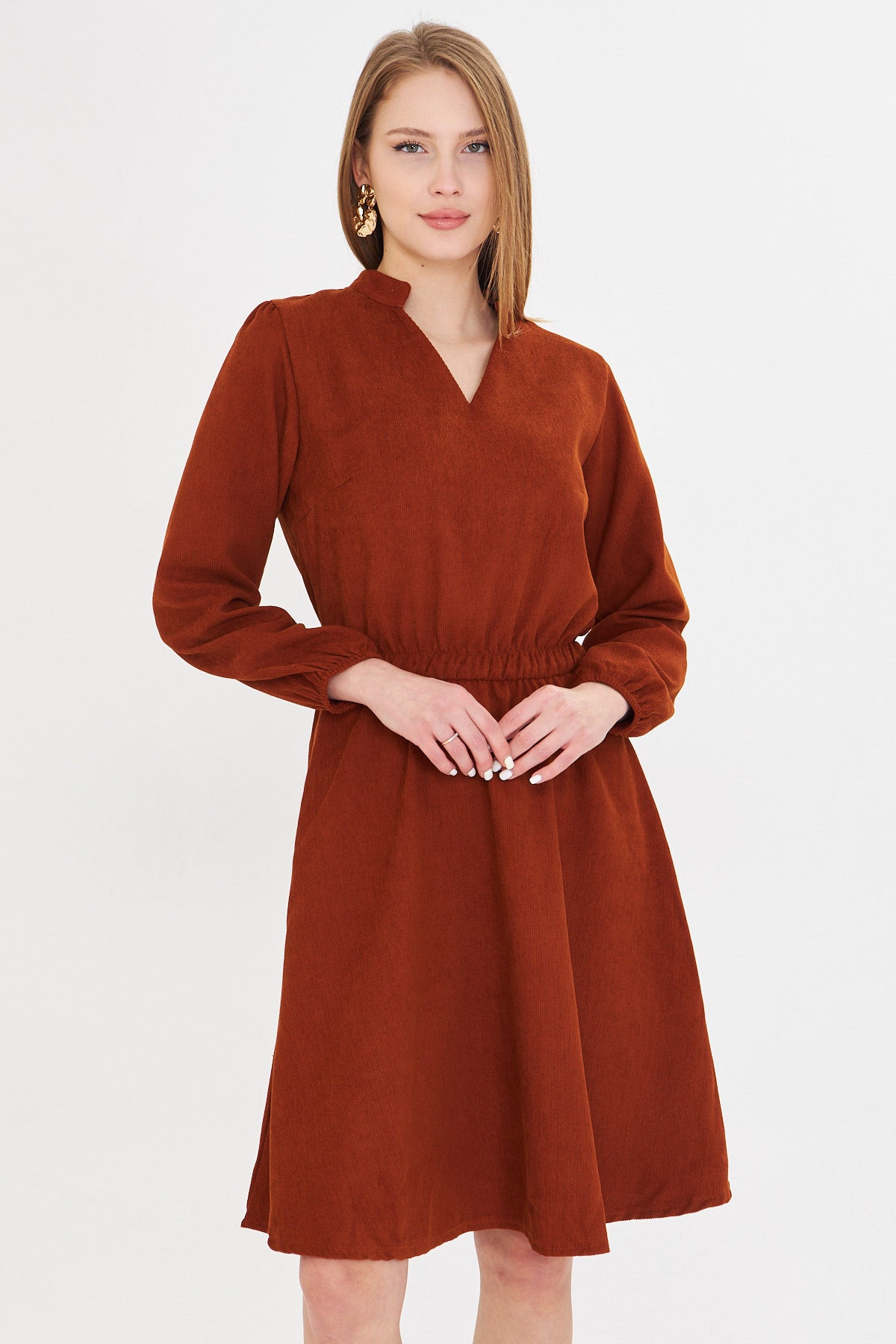 Women's Tan Velvet V-Neck Elastic Waist Slim Ribbed Flared Dress ARM-25K001049