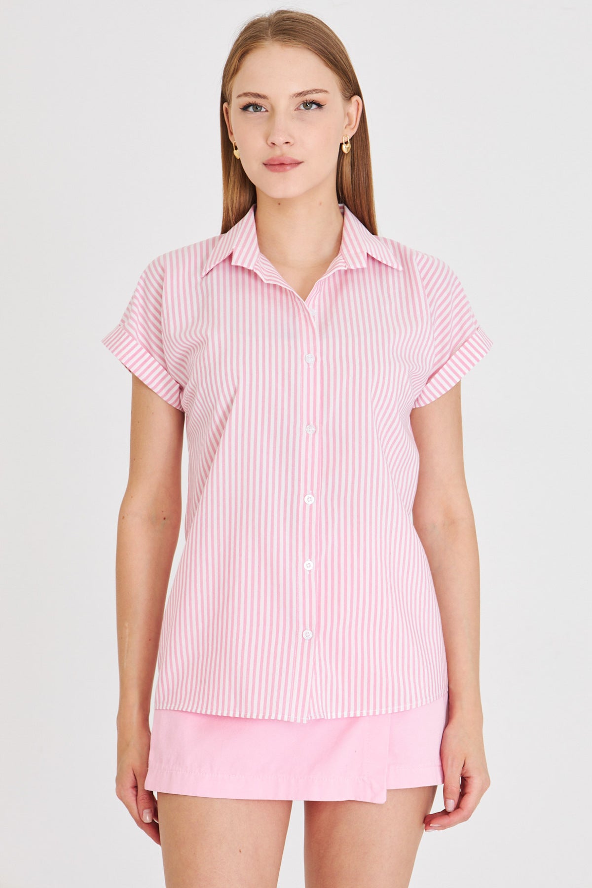 Women's Pink Striped Short Sleeve Shirt ARM-25Y001059