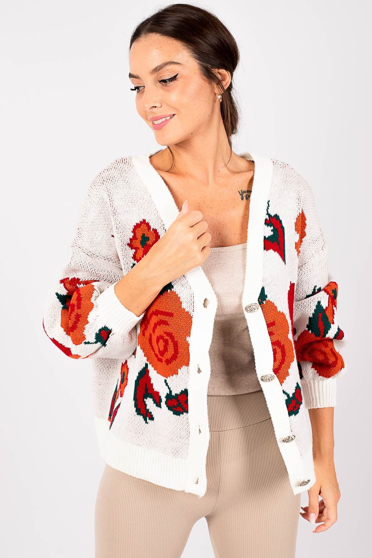 Women's White Flower Pattern Oversize Buttoned Cardigan Arm-22Y124064