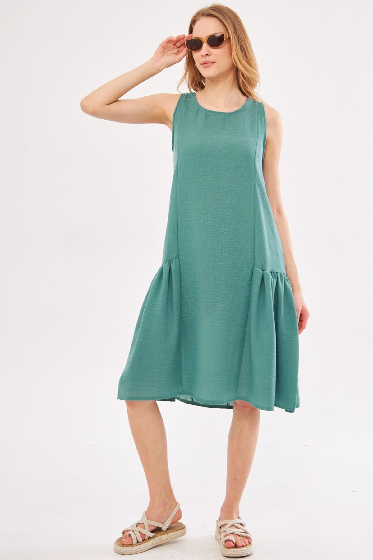 Women's Turquoise Decapende Dress Gathered on the Sides Sleeveless Linen Look Midi Length ARM-24Y001037
