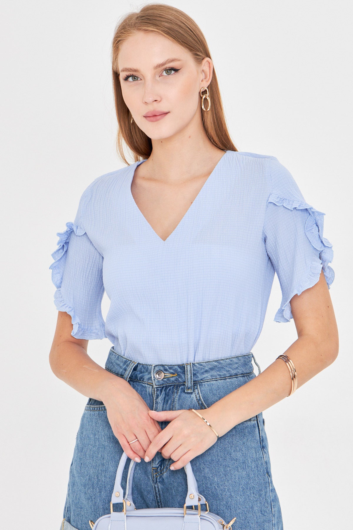 Women's Baby Blue V-Neck Ruffled Short Sleeve Blouse ARM-25Y001070