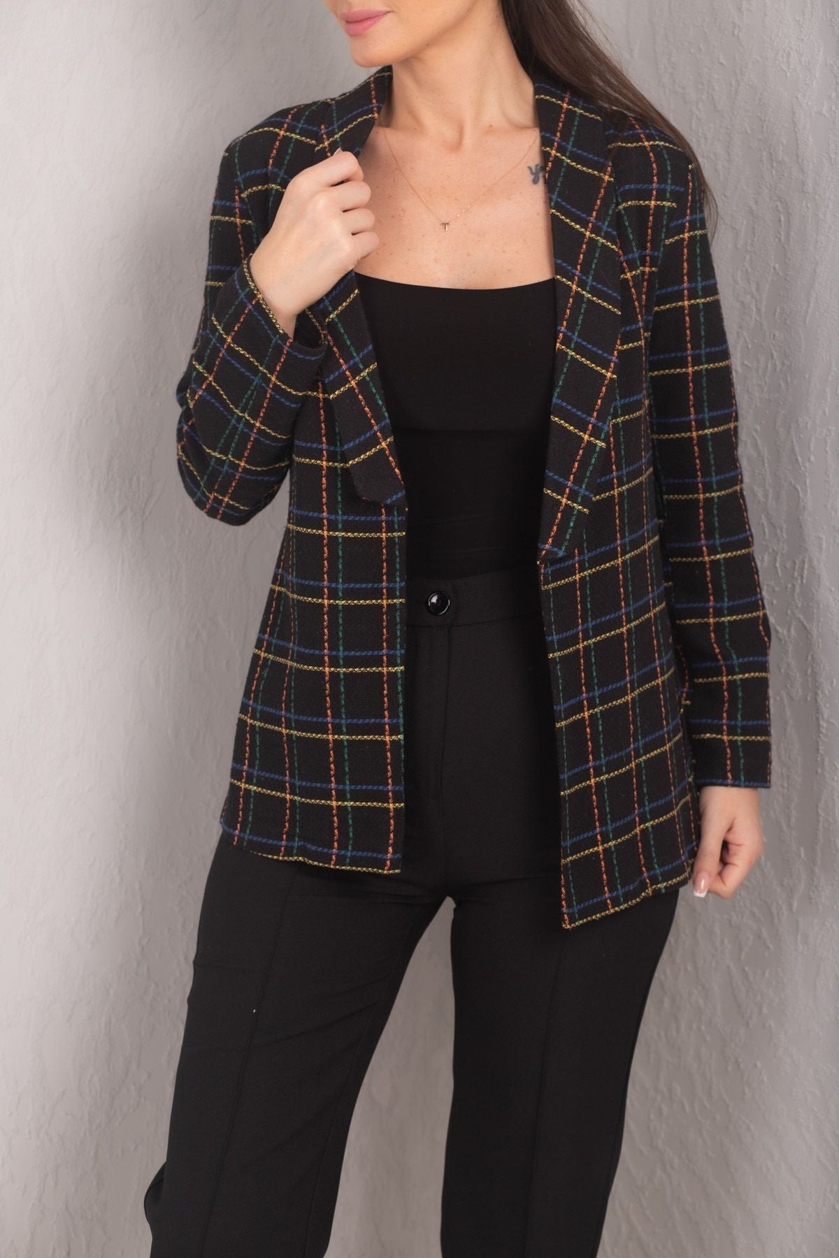 Women's Yellow Shawl Collar Plaid Pattern Tweed Jacket ARM-24K001048