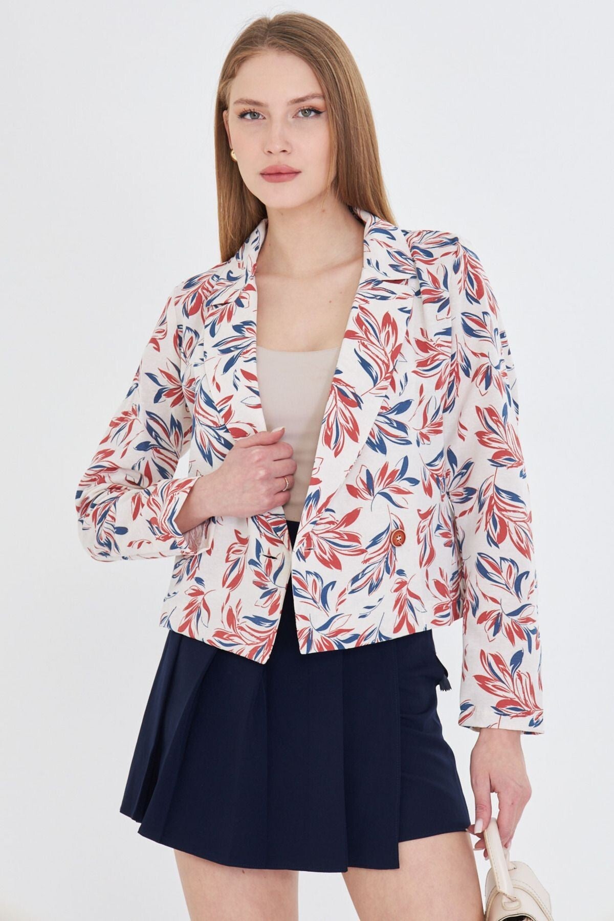 Women's Tile Double Breasted Collar Patterned Crop Jacket ARM-24Y001058