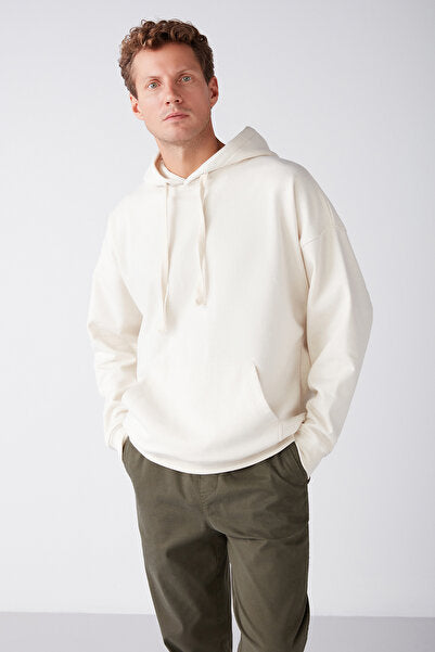 Steve Men's Soft Fabric Drawstring Oversize Hooded Kangaroo Pocket Ecru Sweatshirt