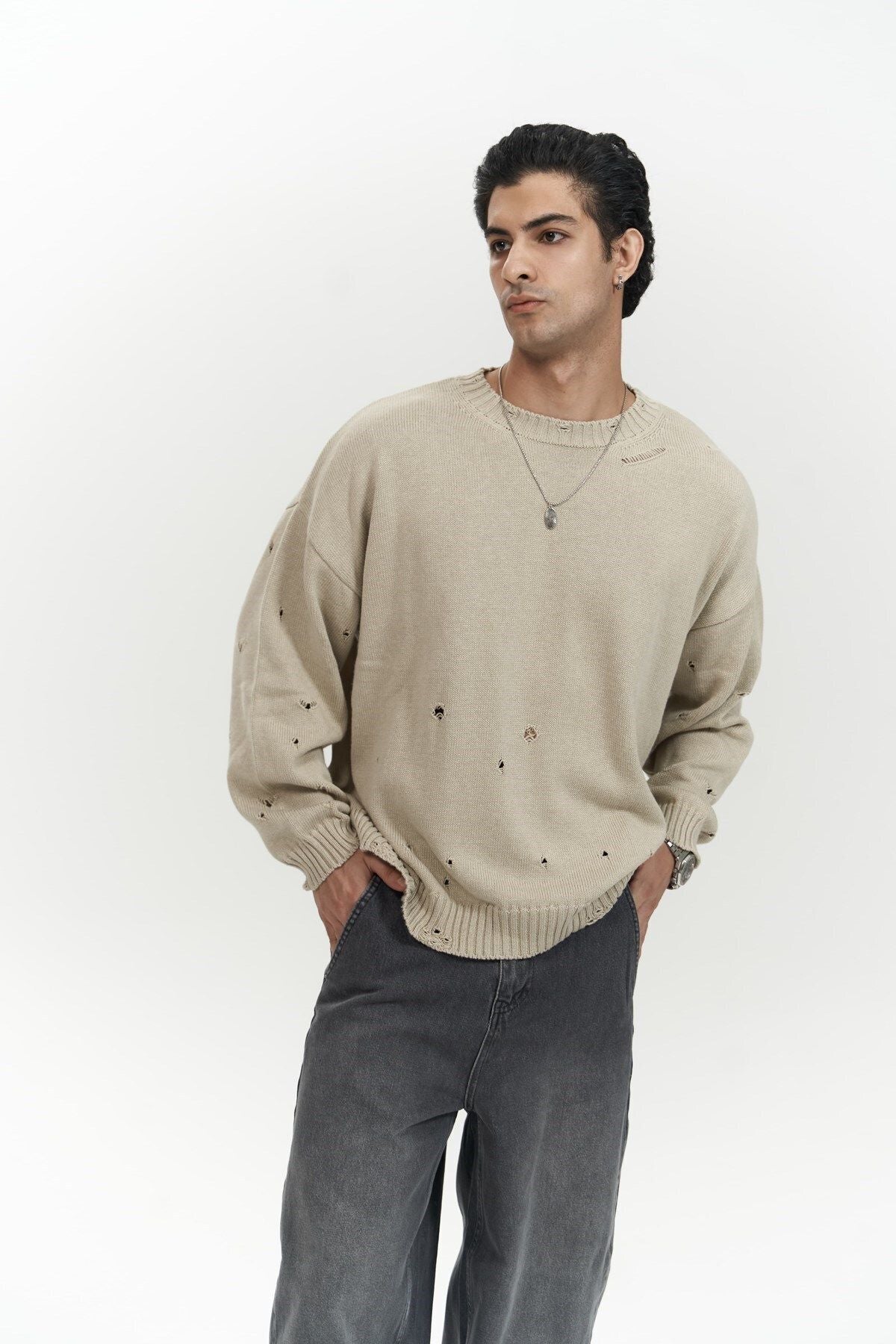 Alec Ribbed Ripped Detail Beige Men's Knitwear Sweater