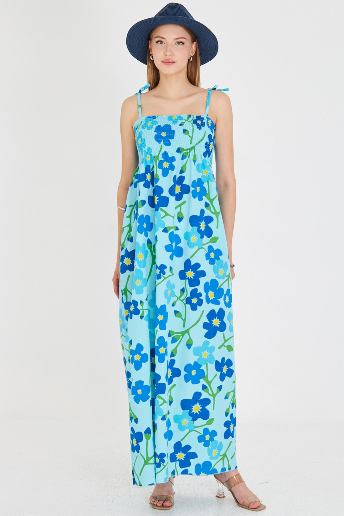 Women's Baby Blue Straps Lace Up Chest Gimp Elastic Long Dress ARM-25Y001048