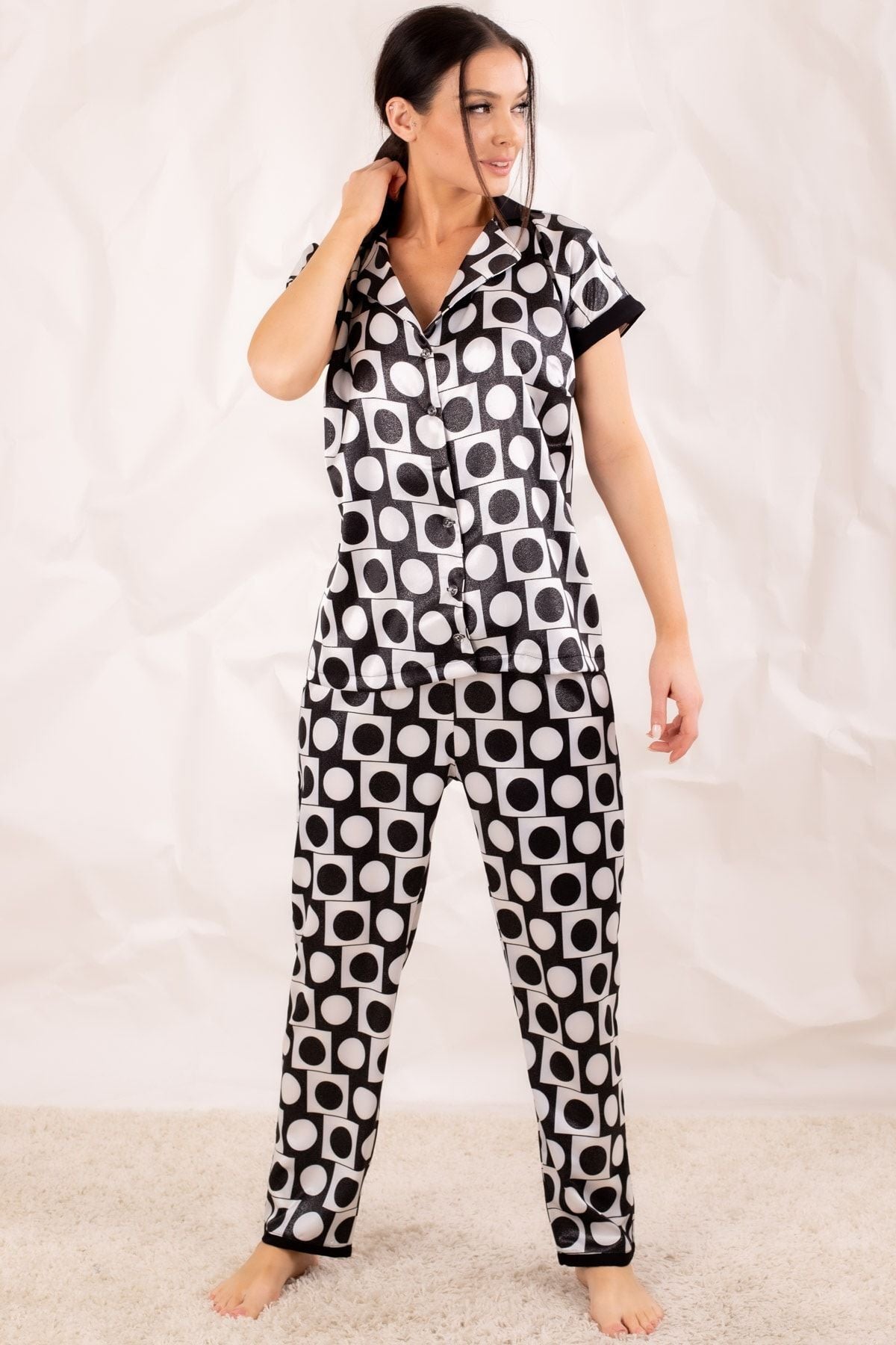 Women's Black Large Polka Dot Collar Satin Pajama Set ARM-20Y001015