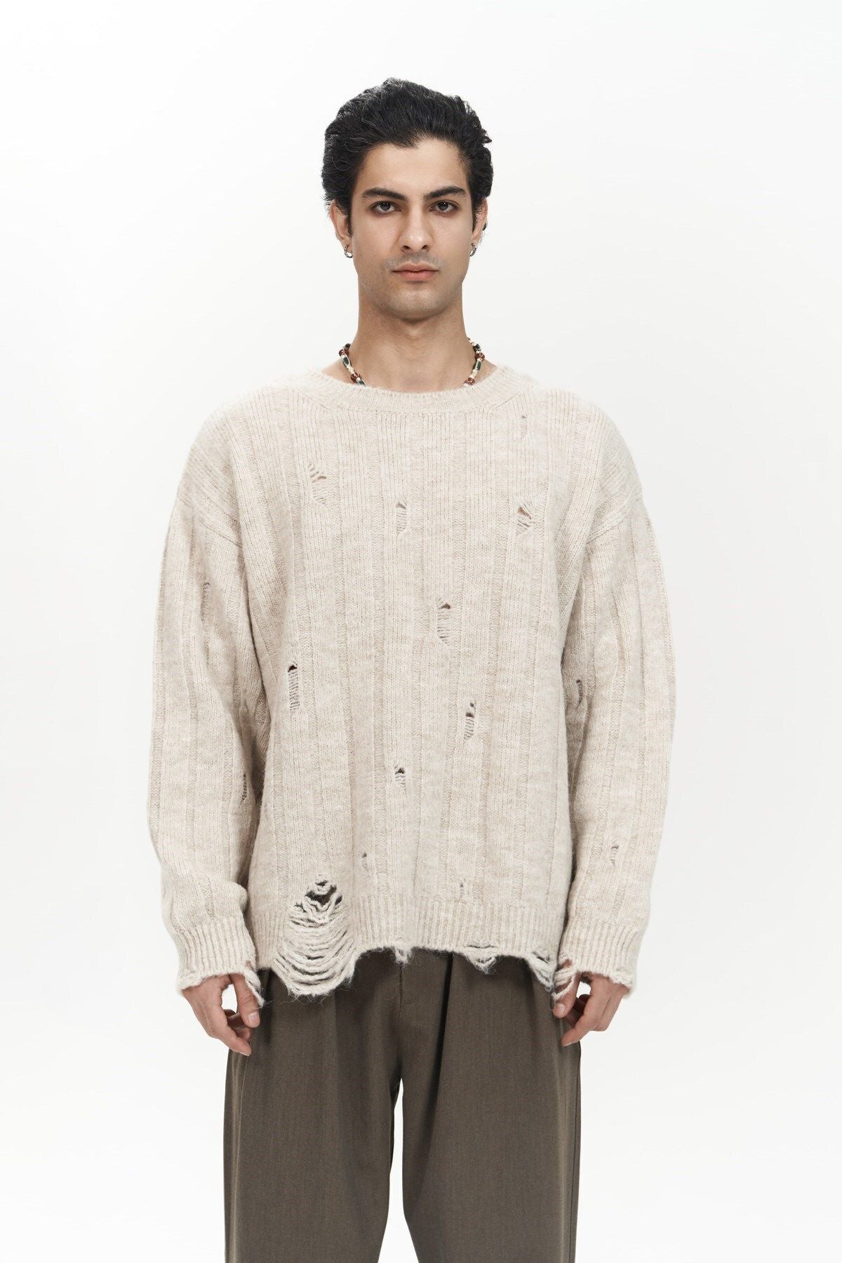 Vincent Ripped Detail Beige Men's Knitwear Sweater