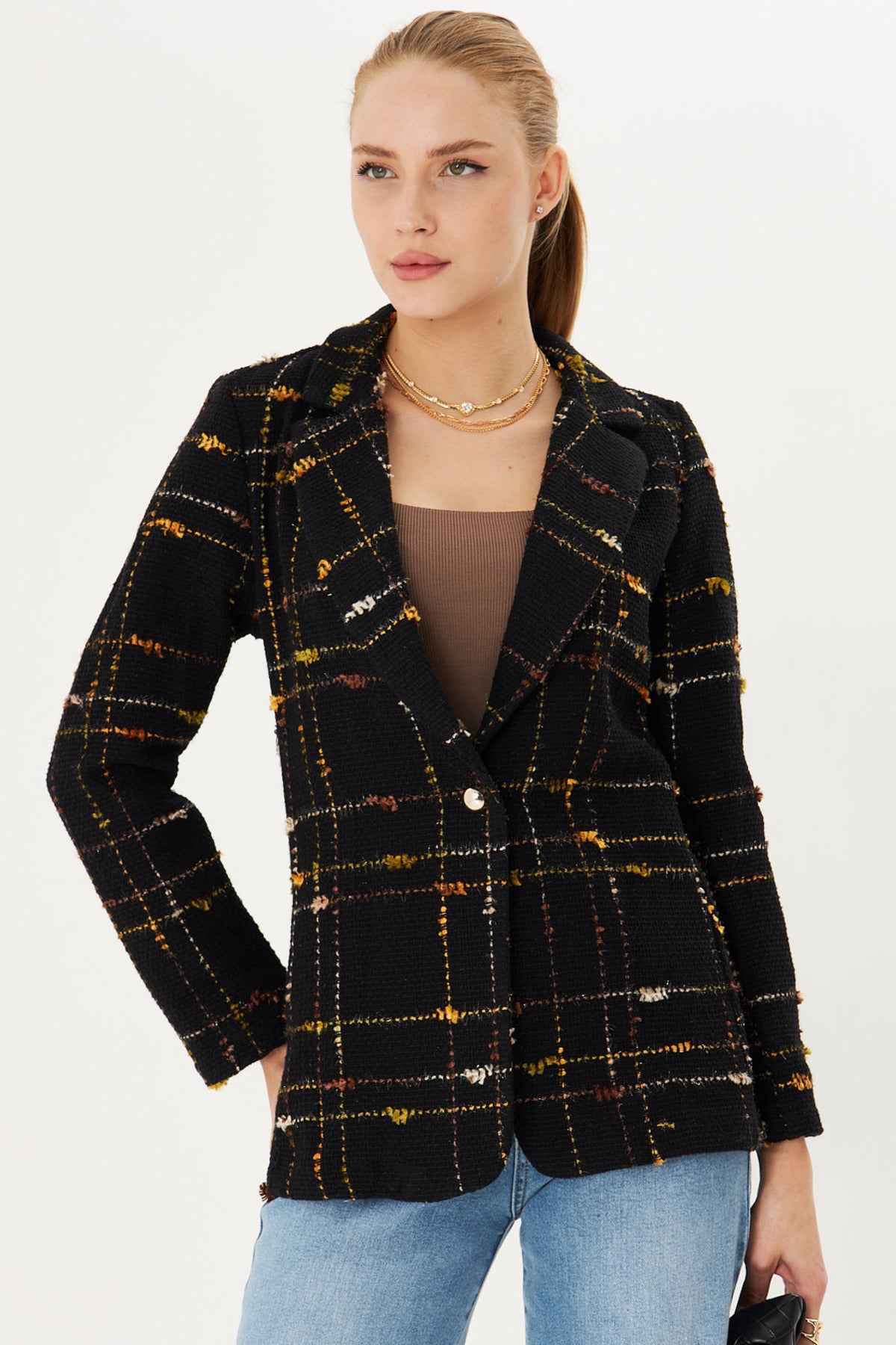 Women's Yellow Tweed Fabric Single Button Jacket ARM-25K001042