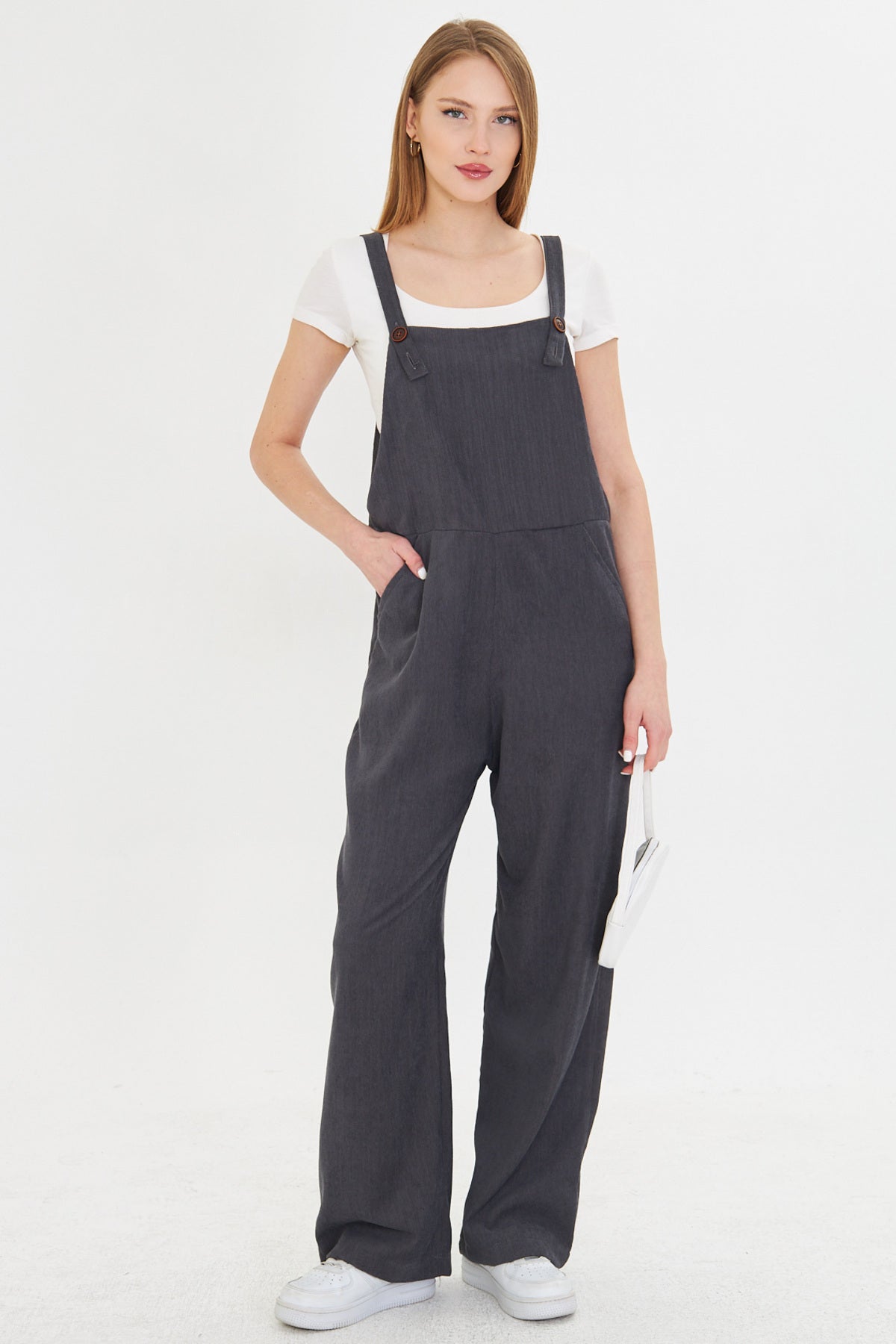 Women's Smoked Velvet Pocketed Wide Leg Thin Ribbed Gardener Overalls ARM-25K001036