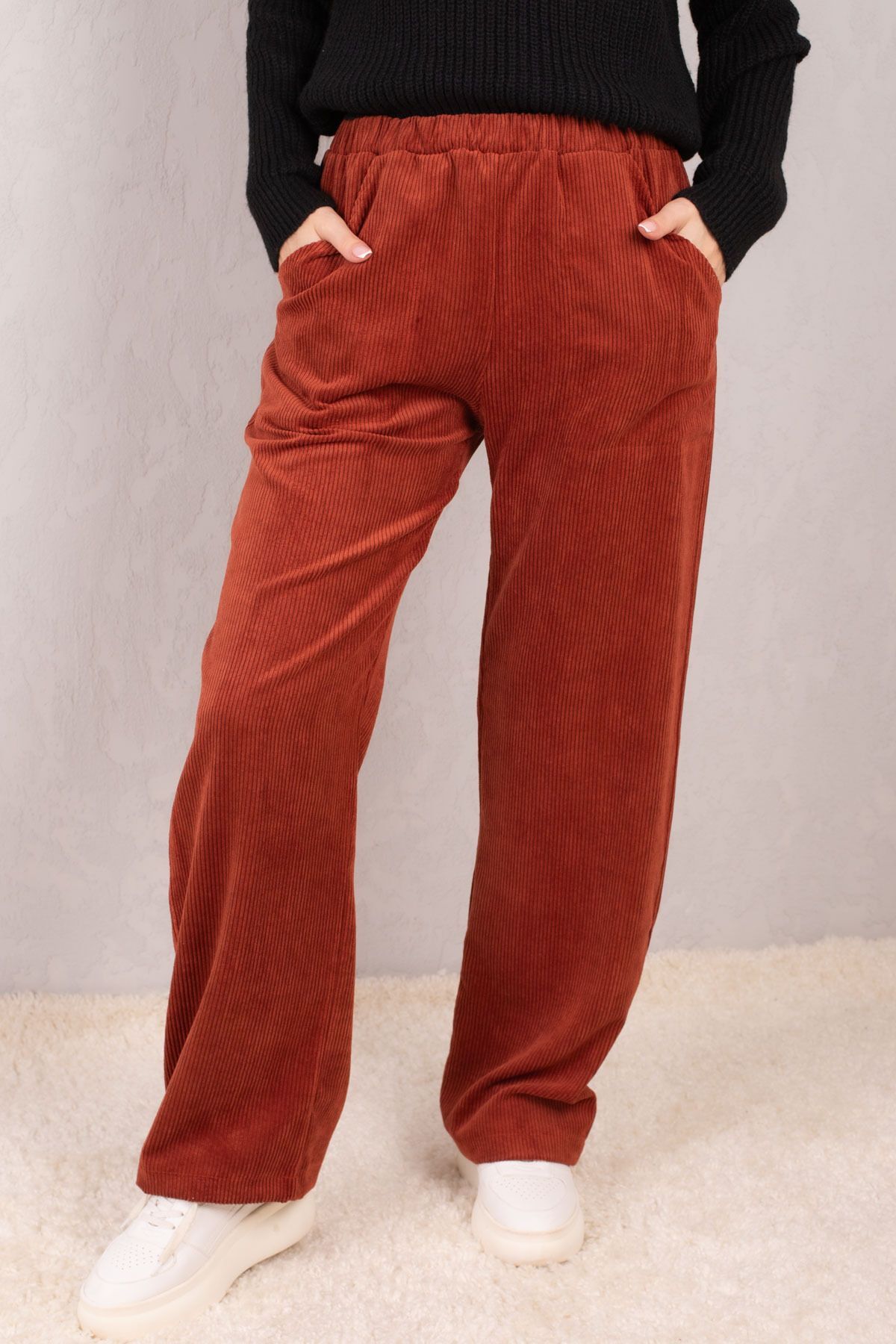 Women's Tile Waist Elastic Waist Pocket Wide Leg Velvet Trousers ARM-24K001060