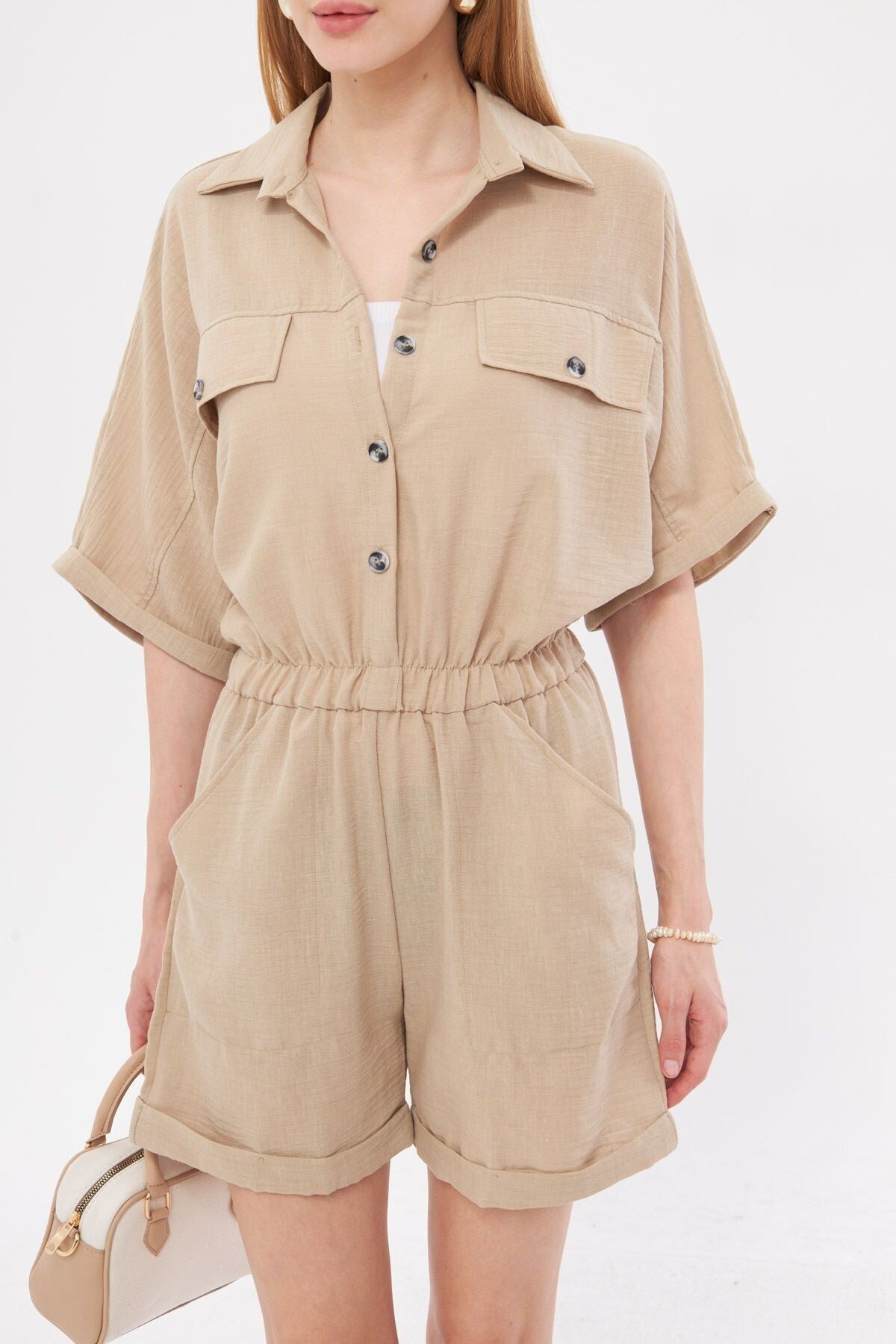 Women's Beige Bat Sleeve Pocket Elastic Waist Jumpsuit with Shorts ARM-23Y001075