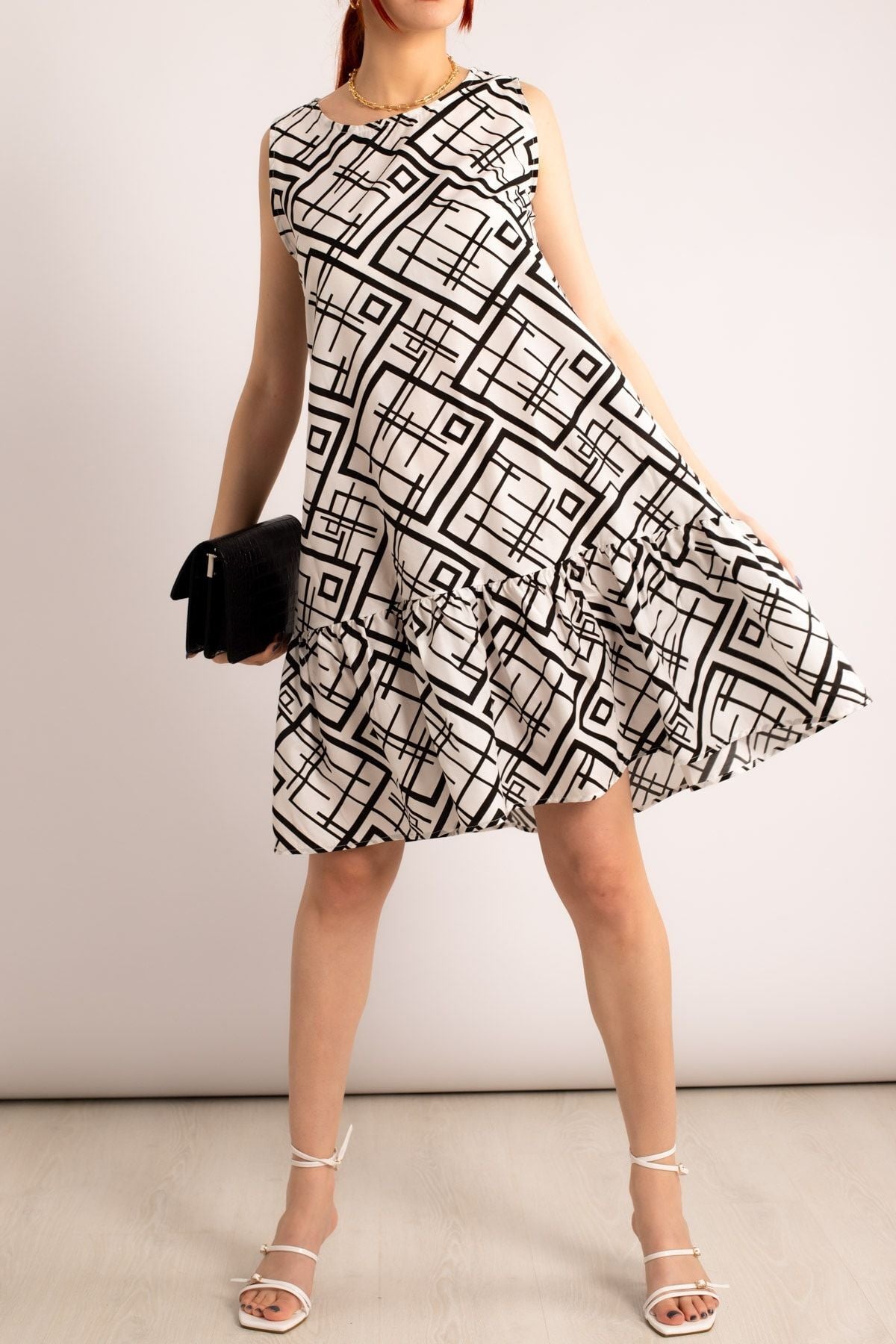 Women's White Patterned Skirt Ruffled Sleeveless Dress Arm-23y001049