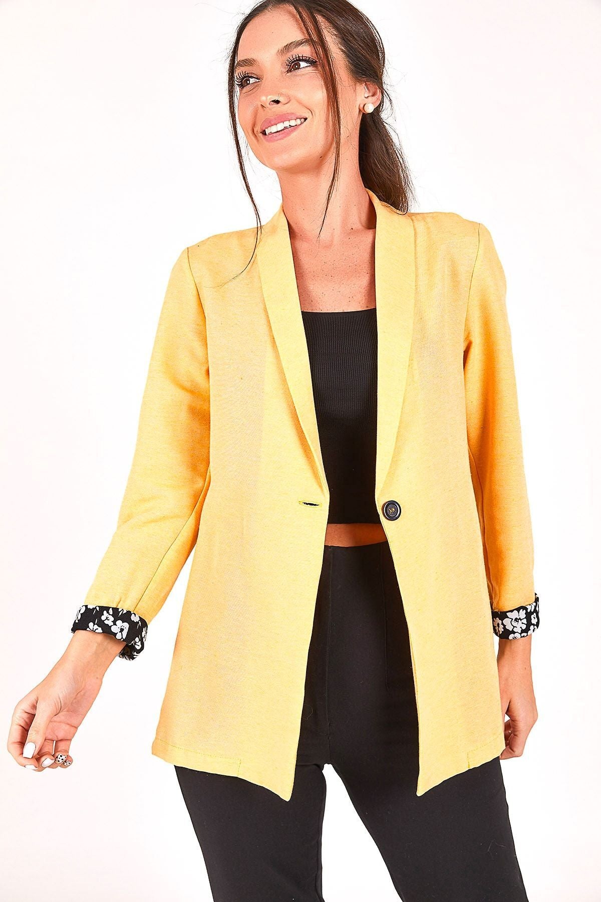 Women's Yellow Sleeve Flowered Single Button Jacket ARM-22Y001075