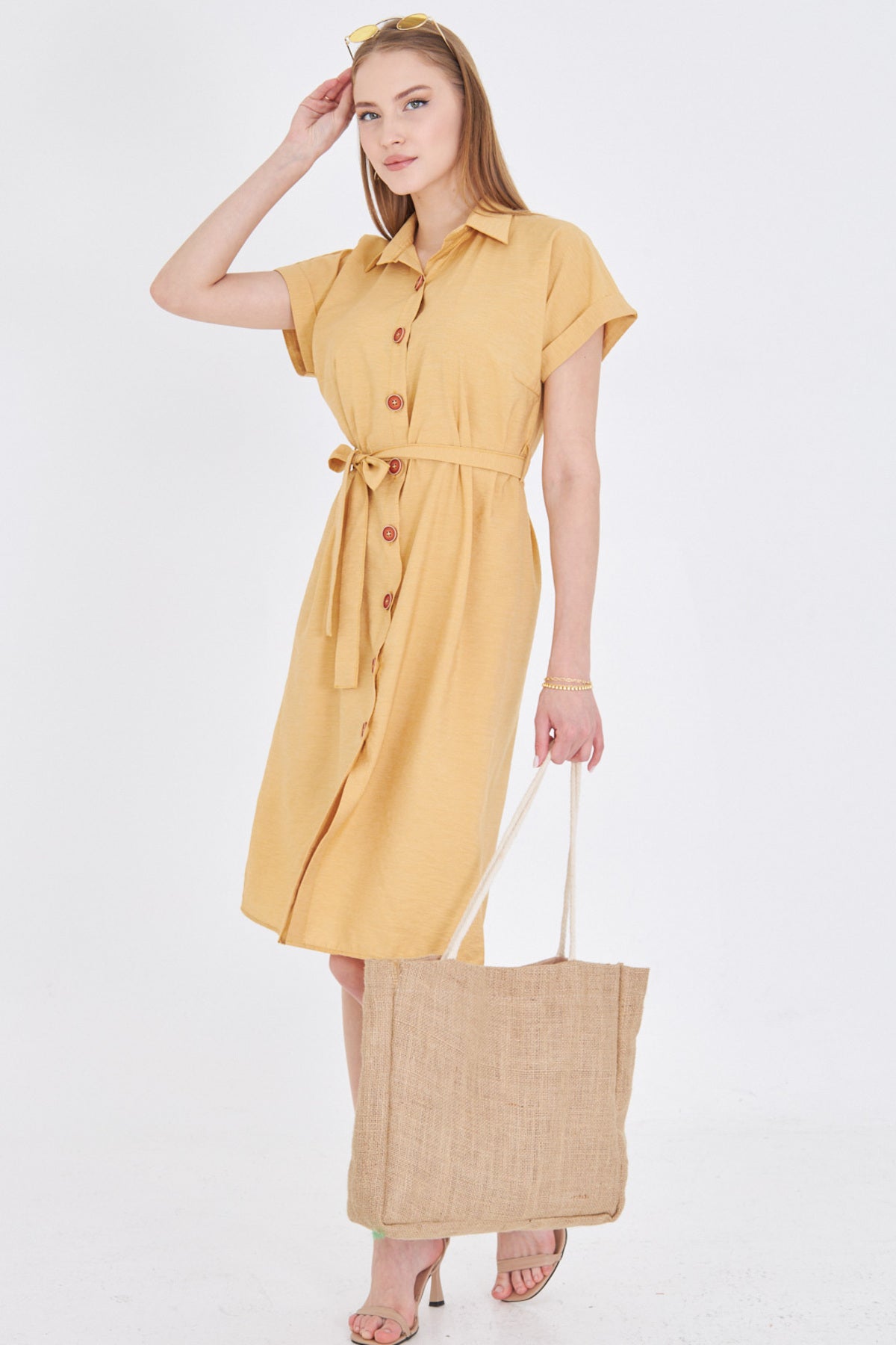 Women's Yellow Waist Belted Short Sleeve Shirt Dress ARM-25Y001065