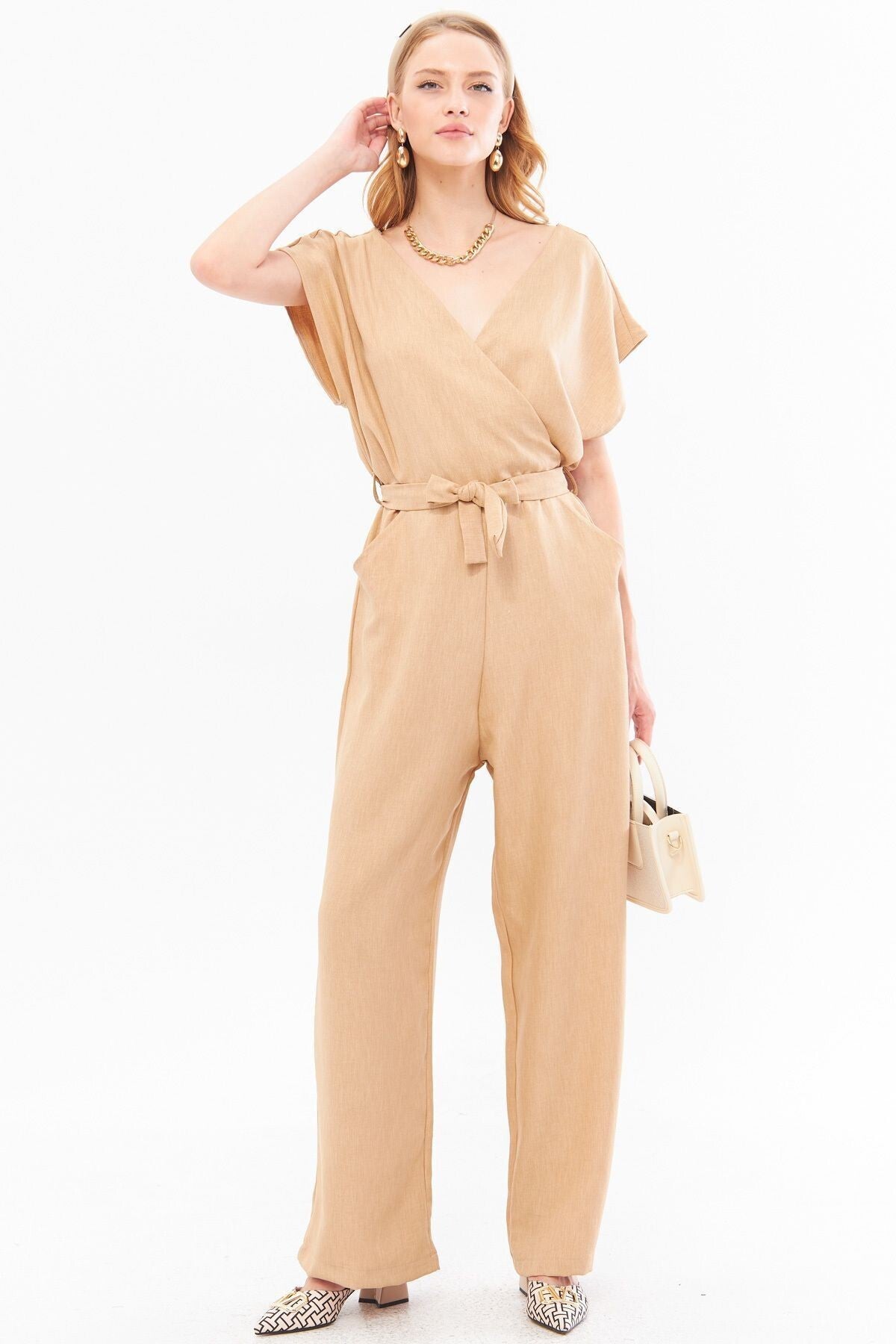 Women's Beige Double Breasted Collar Back V Detailed Pocket Belted Wide Leg Jumpsuit ARM-24Y001073