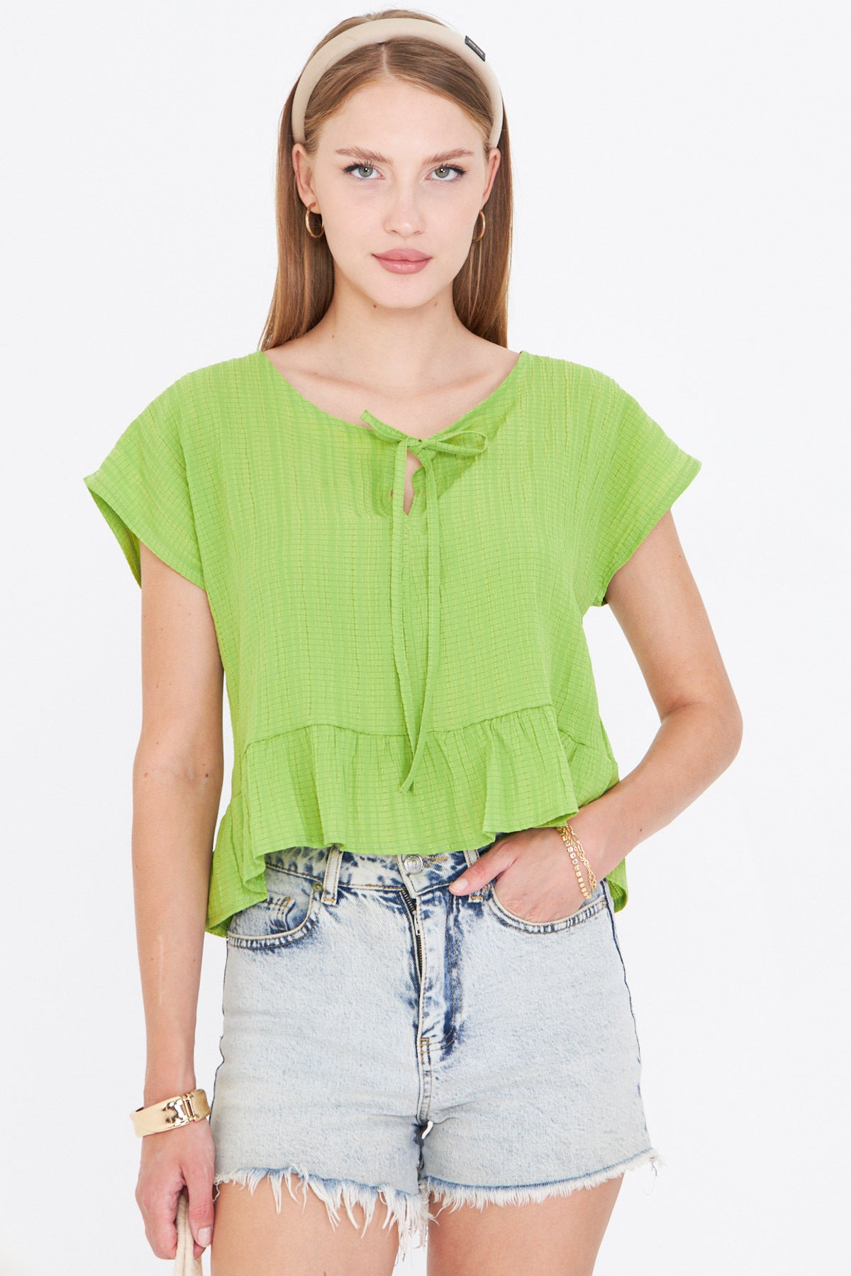 Women's Pistachio Green Bat Sleeve Collar Tie-Up Skirt Ruffled Oversize Crop Blouse ARM-24Y001088