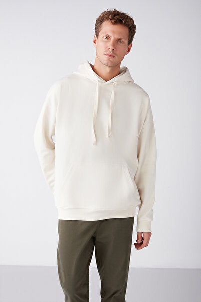 Steve Men's Soft Fabric Drawstring Oversize Hooded Kangaroo Pocket Ecru Sweatshirt