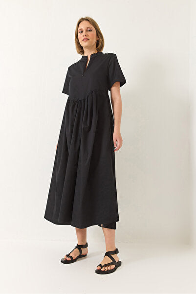 Women's Zipper Collar Pocket Detailed Short Sleeve Poplin Long Dress 60283189