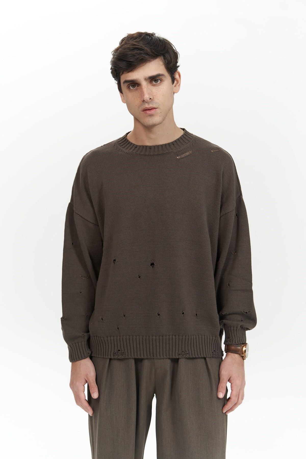Alec Ribbed Ripped Detail Brown Men's Knitwear Sweater