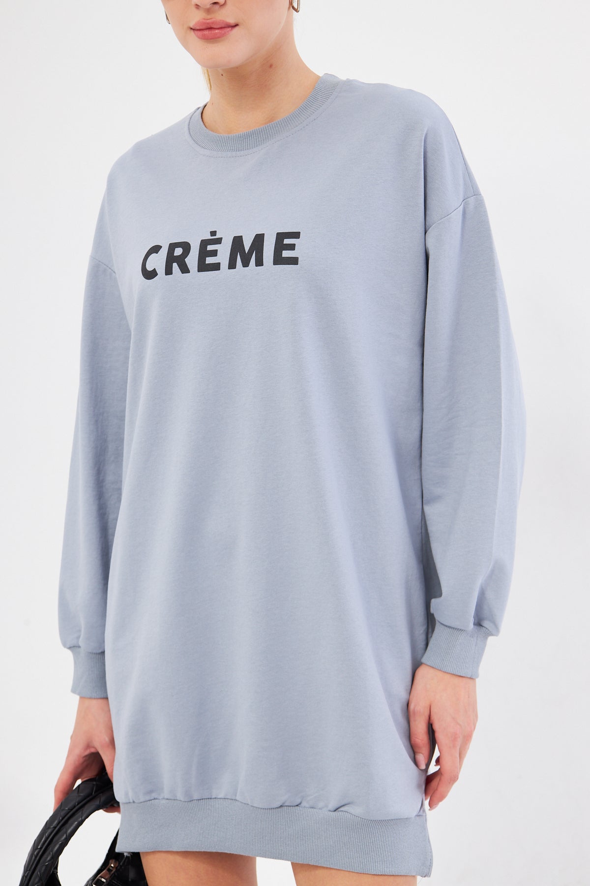 Women's Gray Crew Neck Front Written Tunic Sweatshirt ARM-25K001029