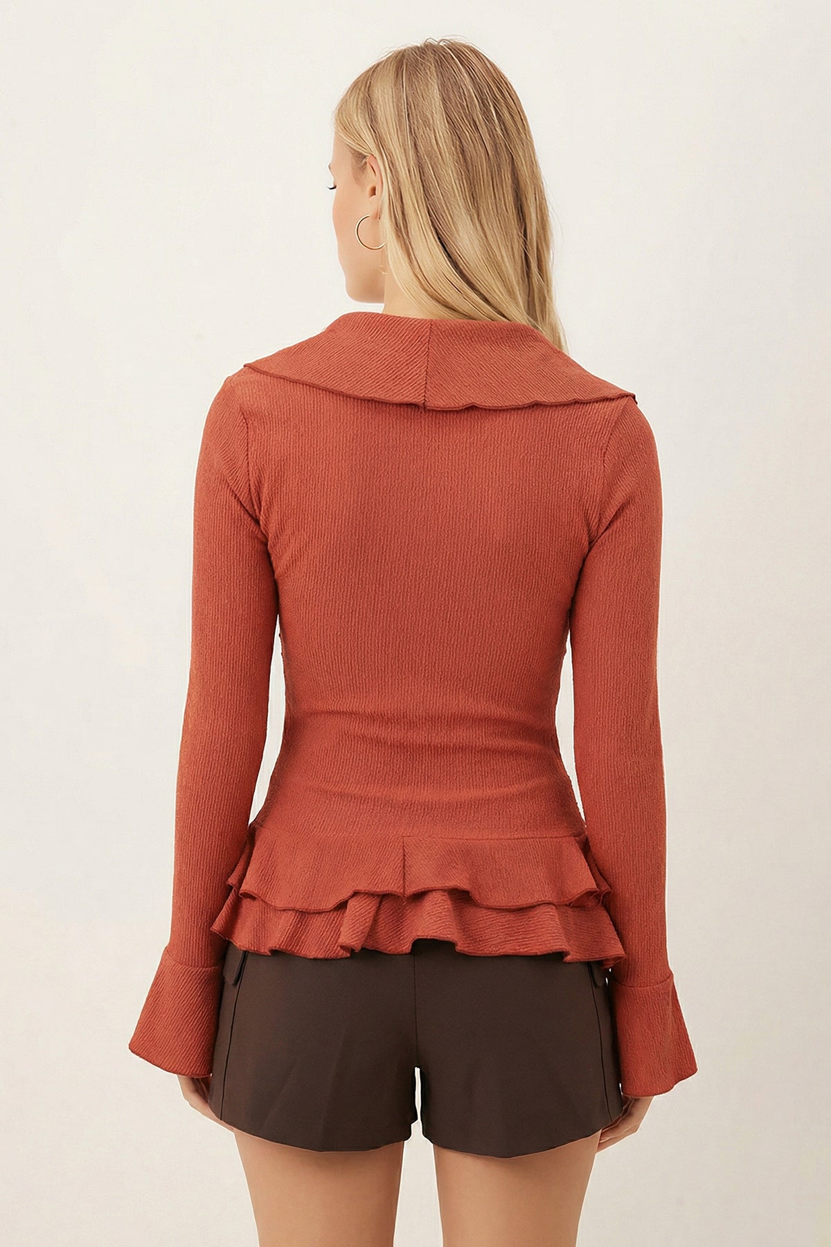 Women's Tile Collar Frilly Sleeves Flounce Gathered Blouse ARM-26K001079